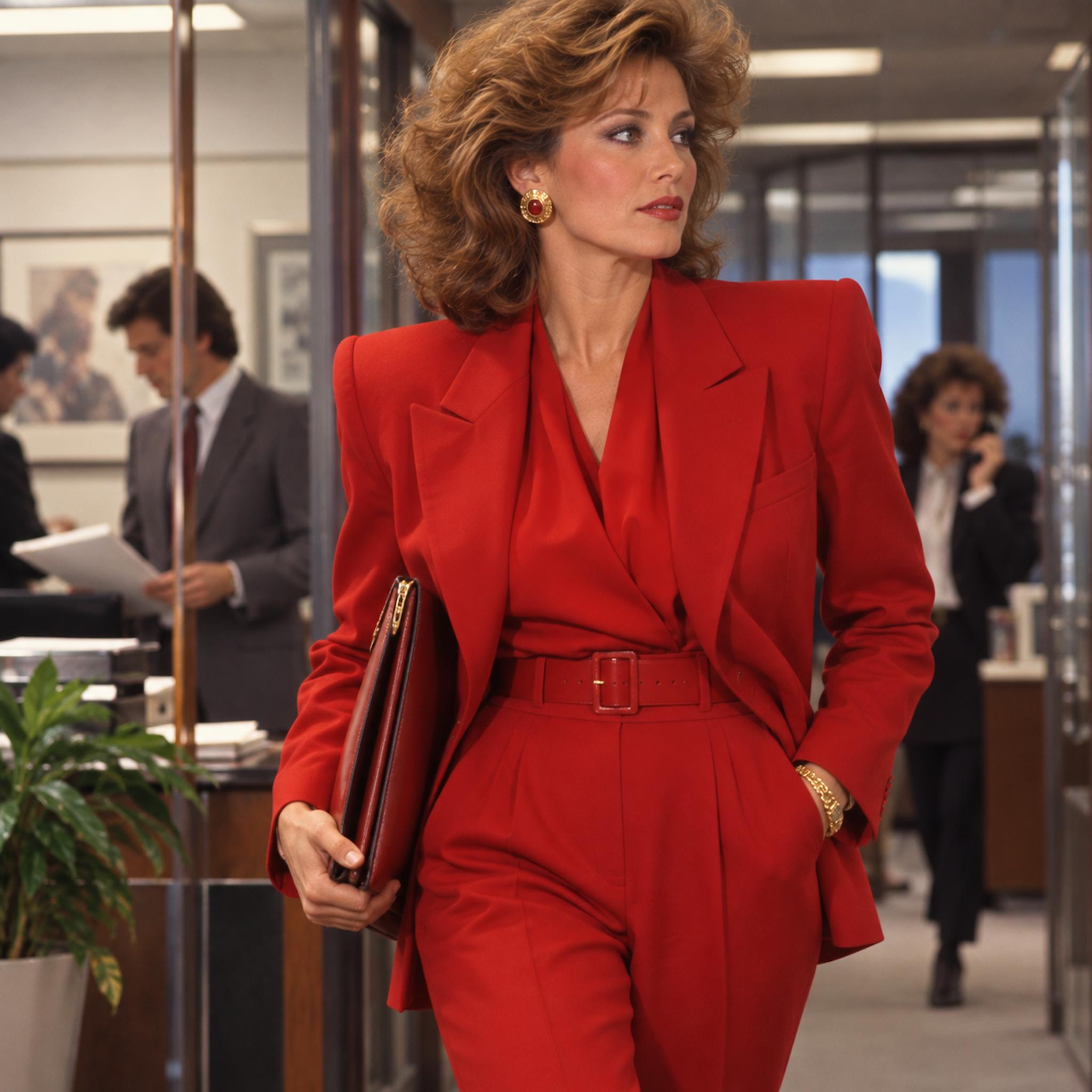 1980s businesswoman in a monochrome red power suit
