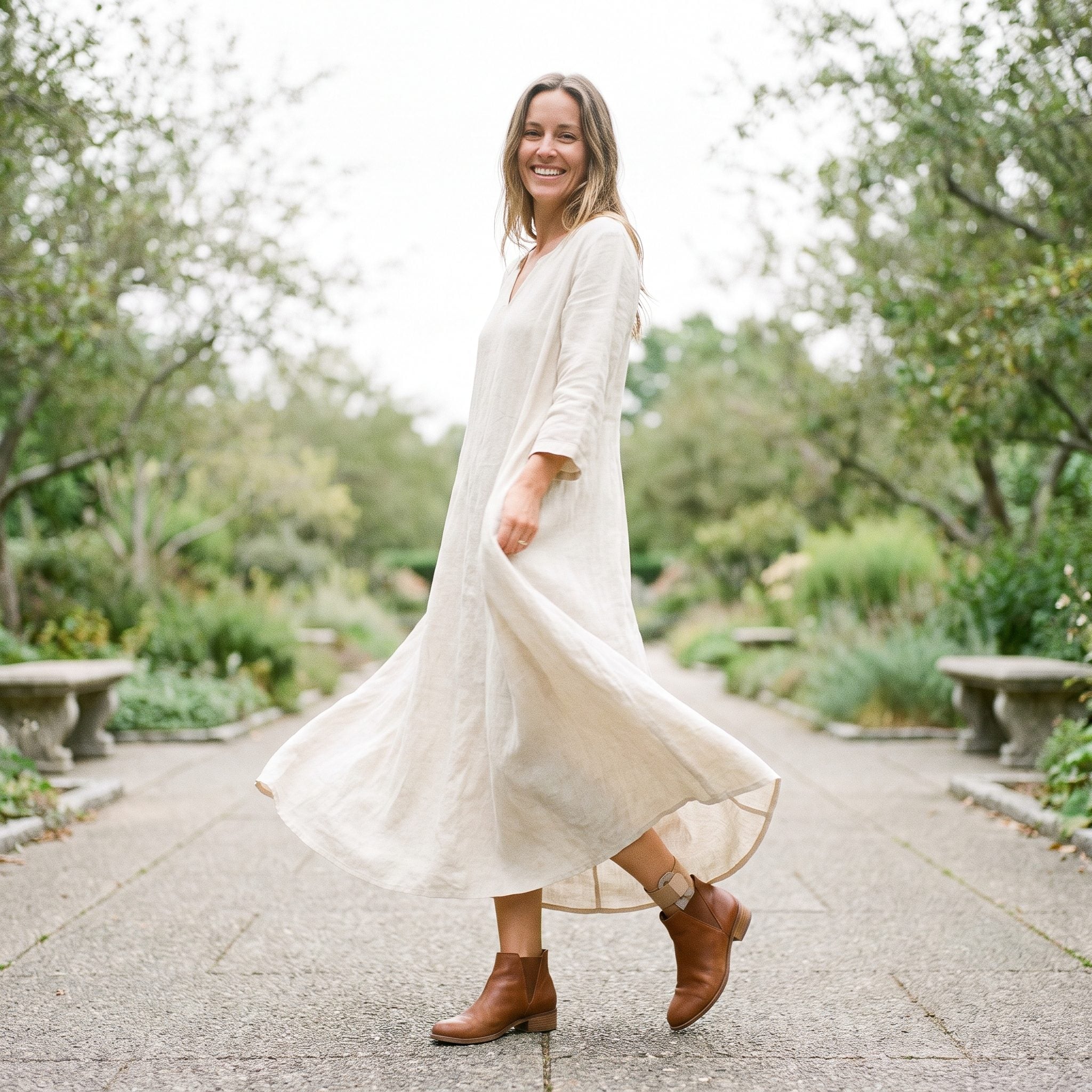 Printed maxi dress with espresso low-heeled ankle boots
