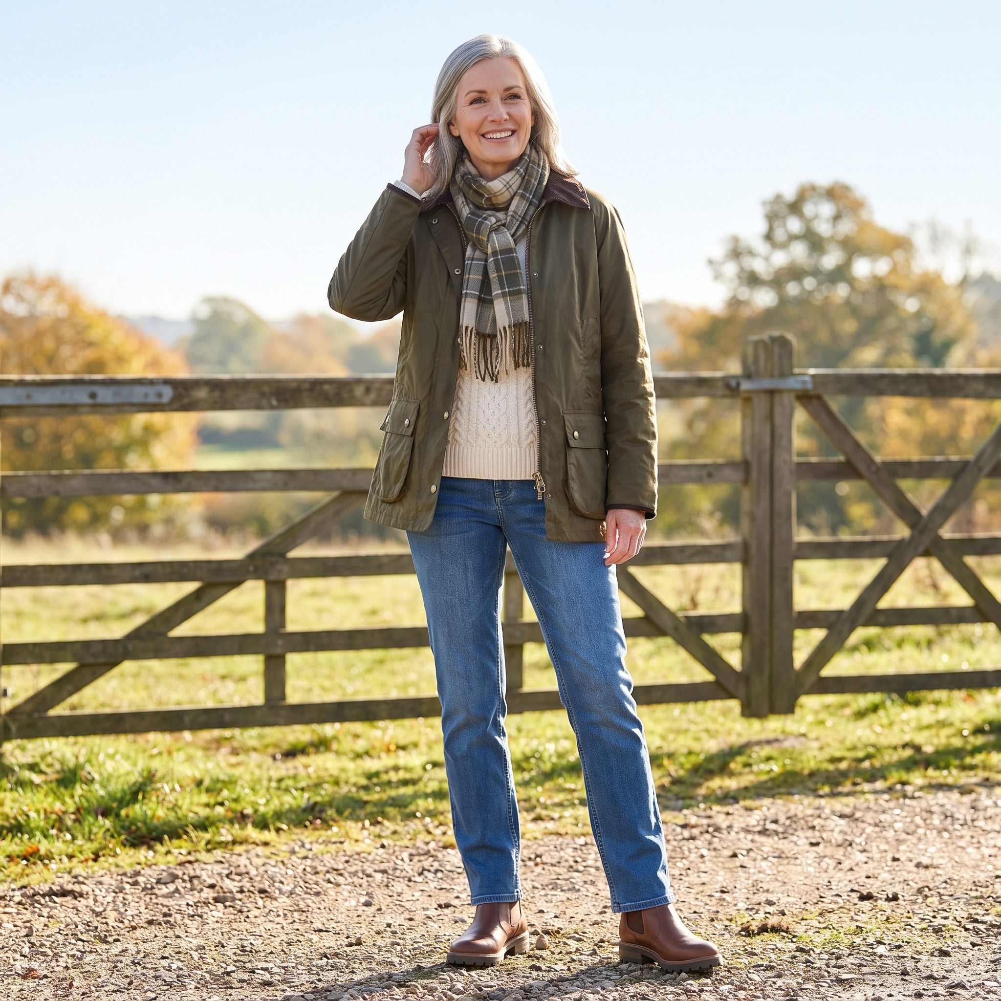 Waxed barn jacket, straight jeans, cable-knit sweater, and brown lug-sole ankle boots
