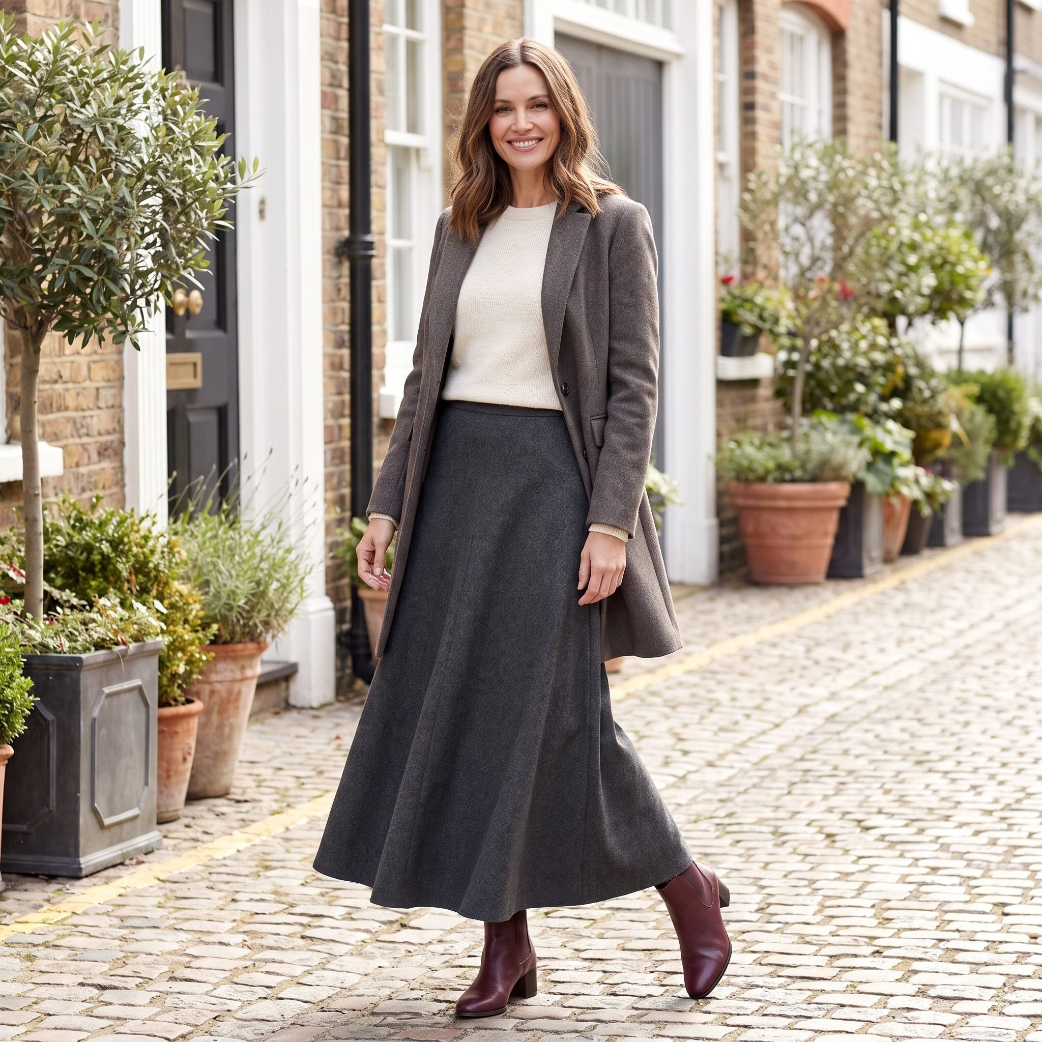 Charcoal column skirt with camel turtleneck and burgundy pointed ankle boots