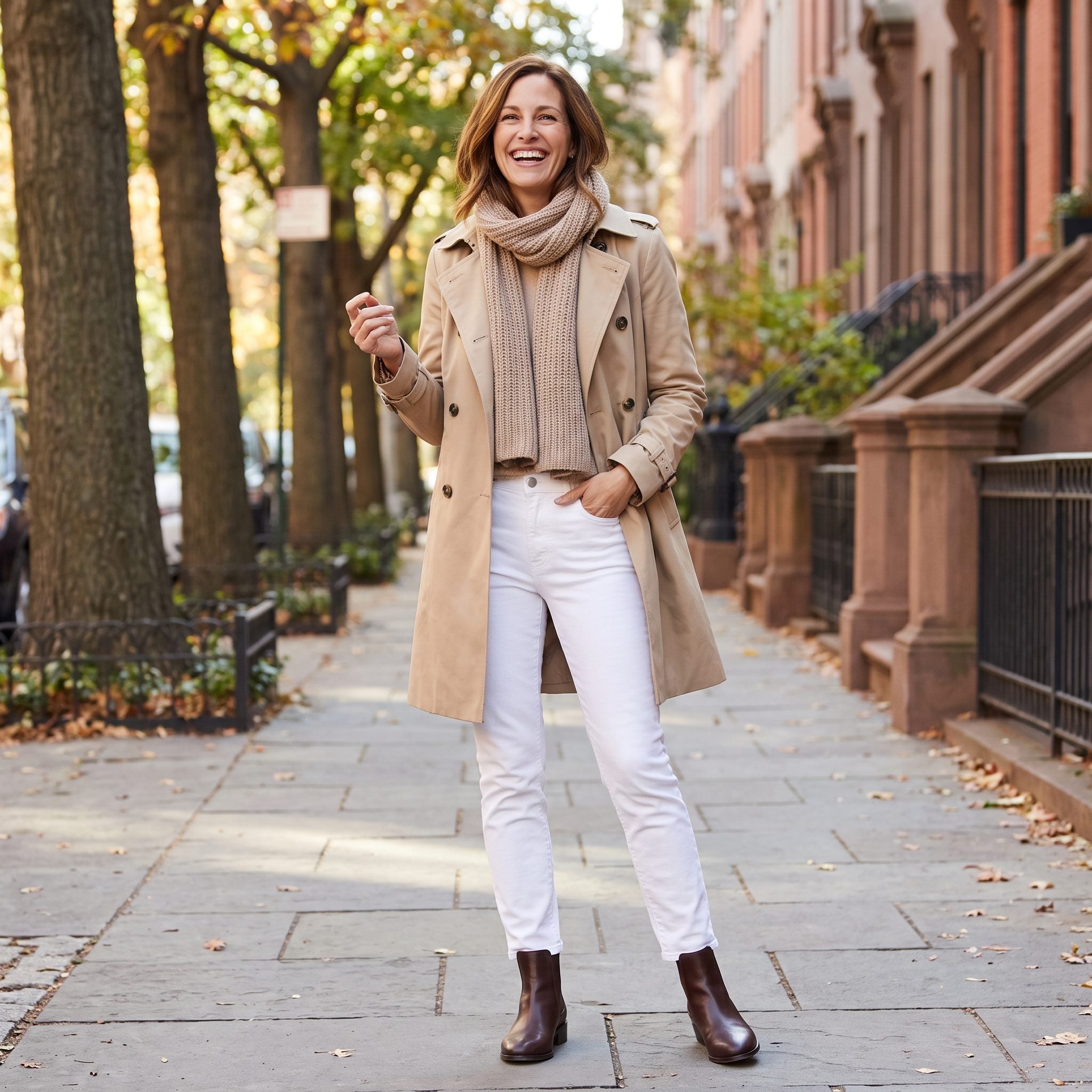 White jeans with chocolate-brown ankle boots and camel layers