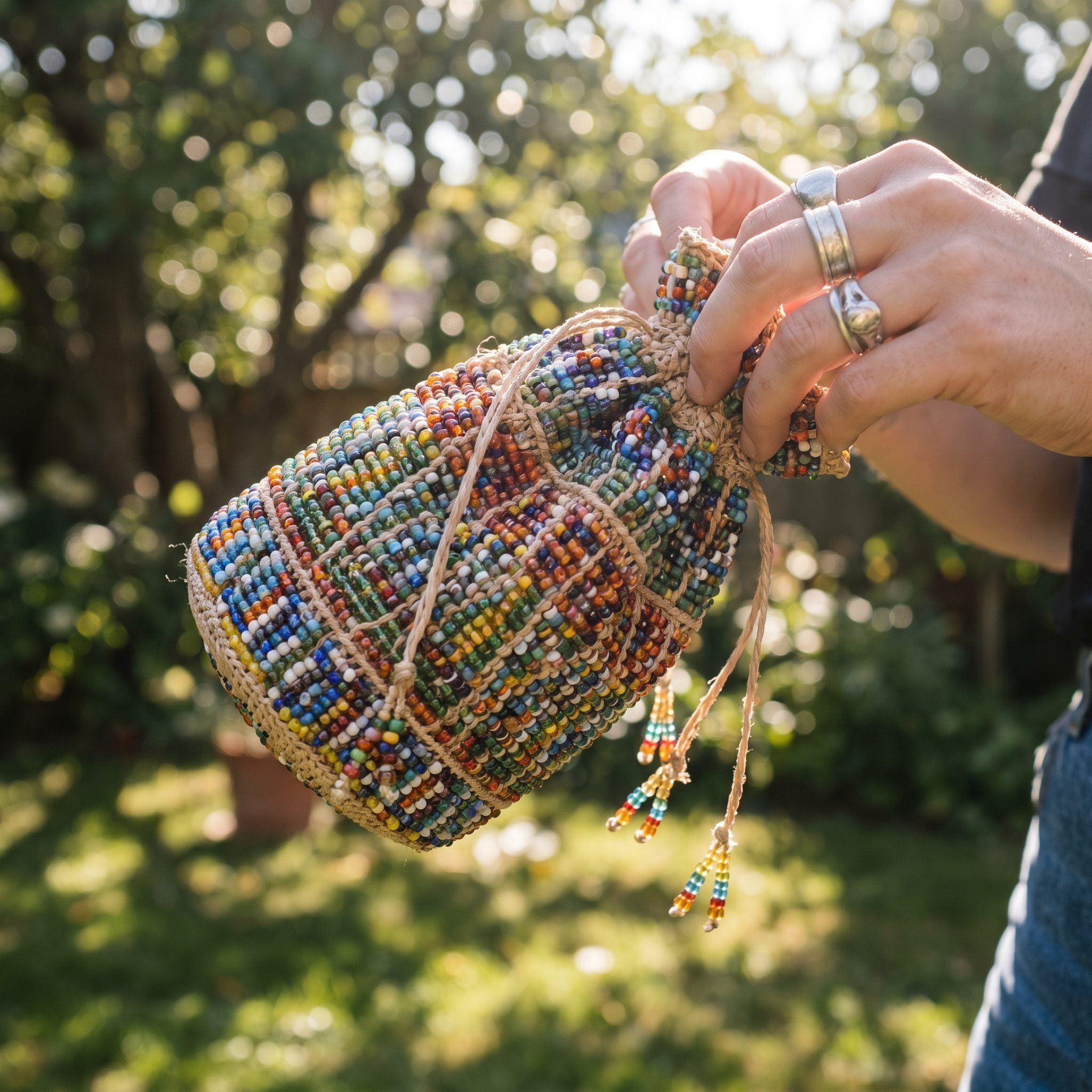 1970s colorful beaded bohemian drawstring pouch
