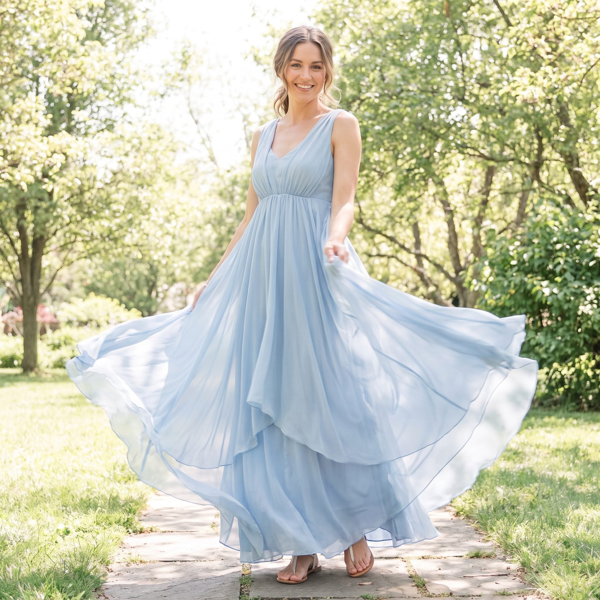 1970s powder-blue empire-waist chiffon maxi gown