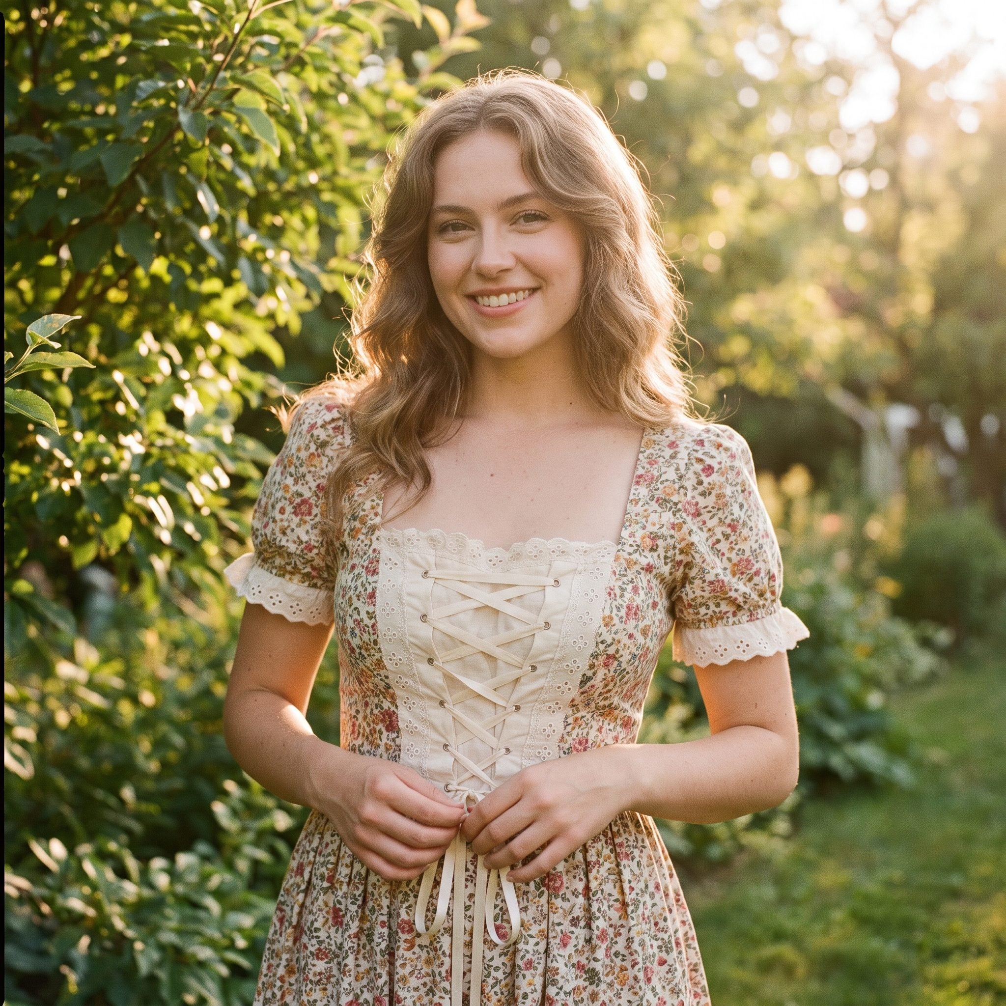 1970s Gunne Sax floral prairie prom gown with lace-up bodice