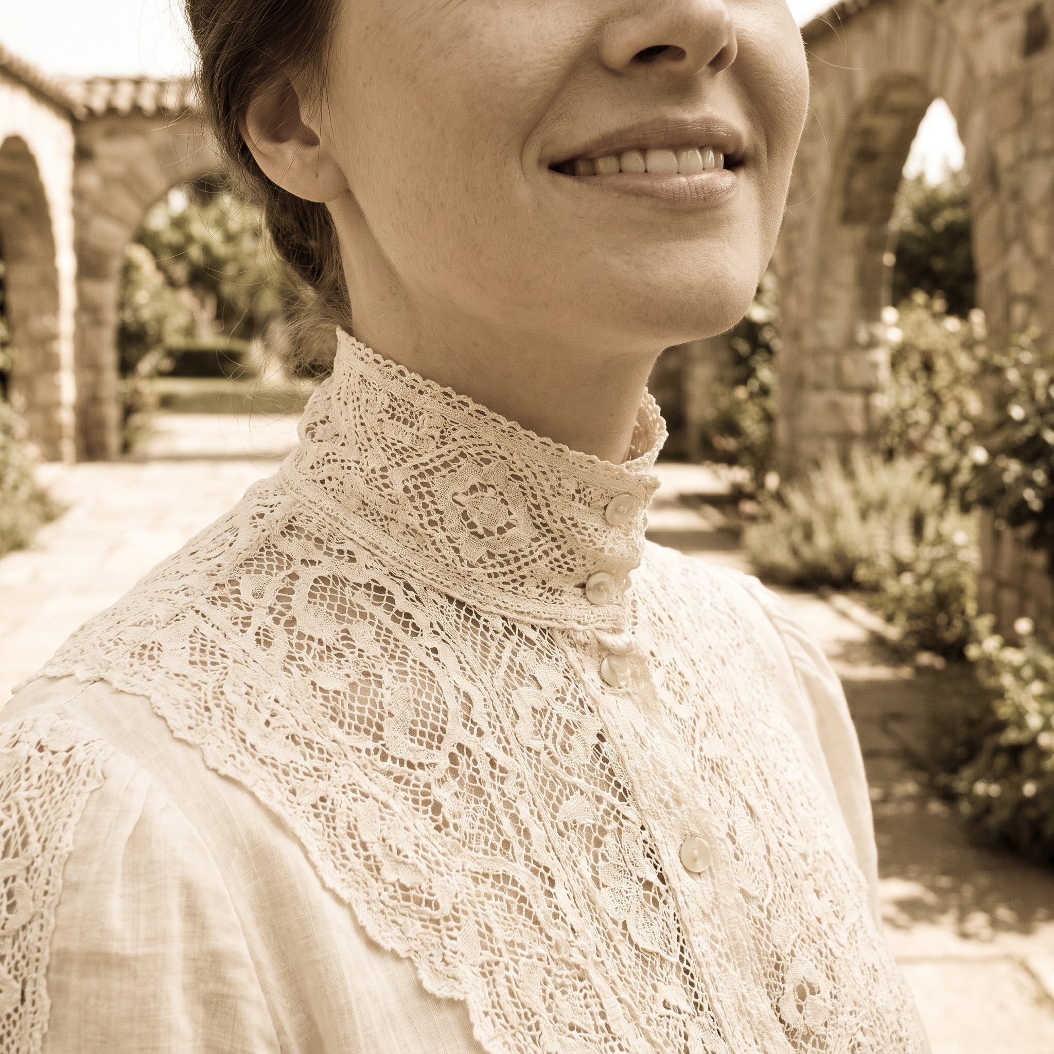 1970s ivory Victorian-revival formal gown with high lace collar