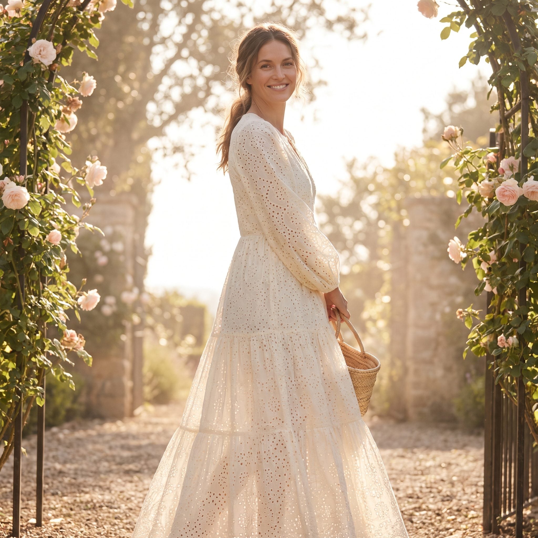 1970s ivory eyelet-lace peasant-inspired formal gown