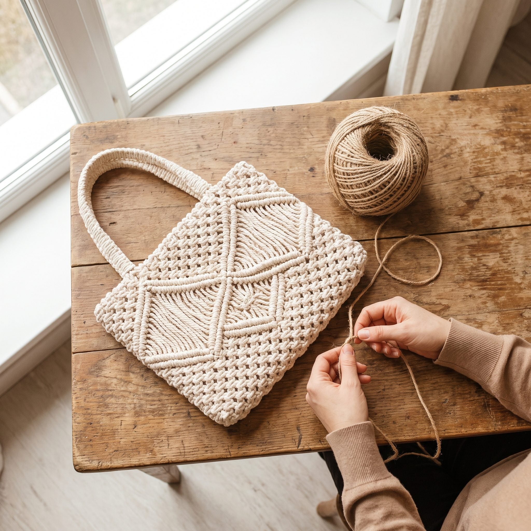 1970s cream macramé handbag with wooden handles