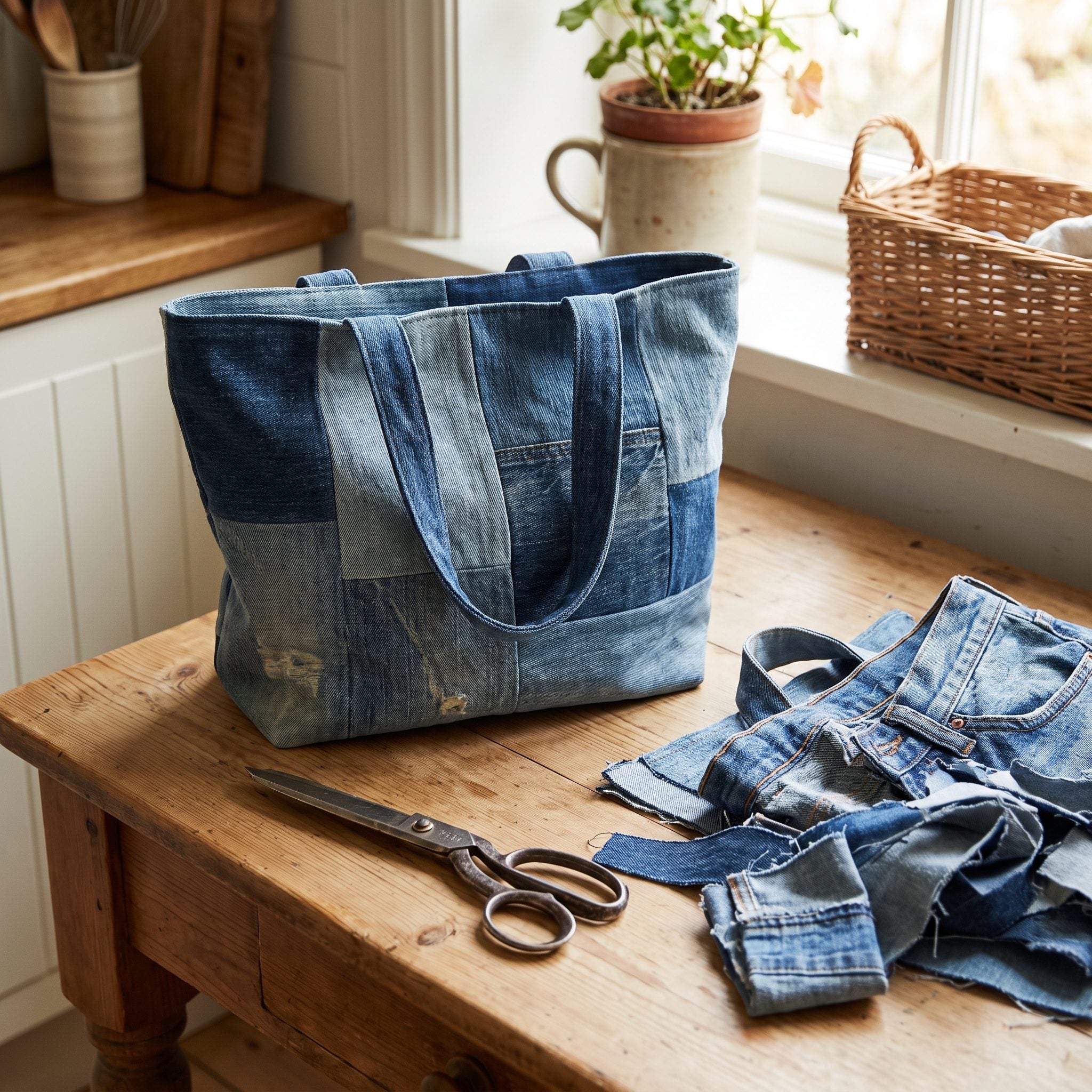 1970s patchwork denim handbag in multiple indigo washes