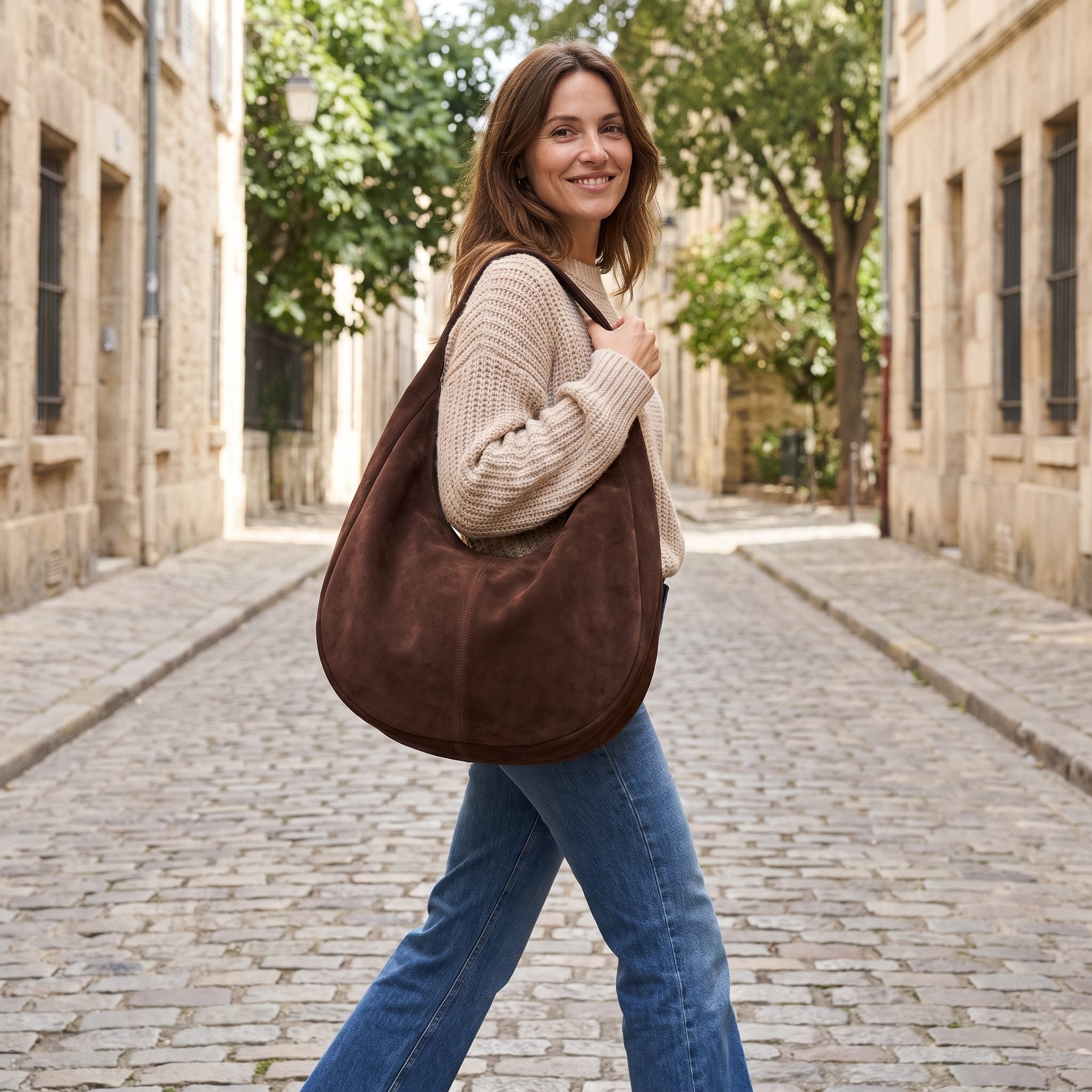 1970s chocolate suede hobo shoulder bag