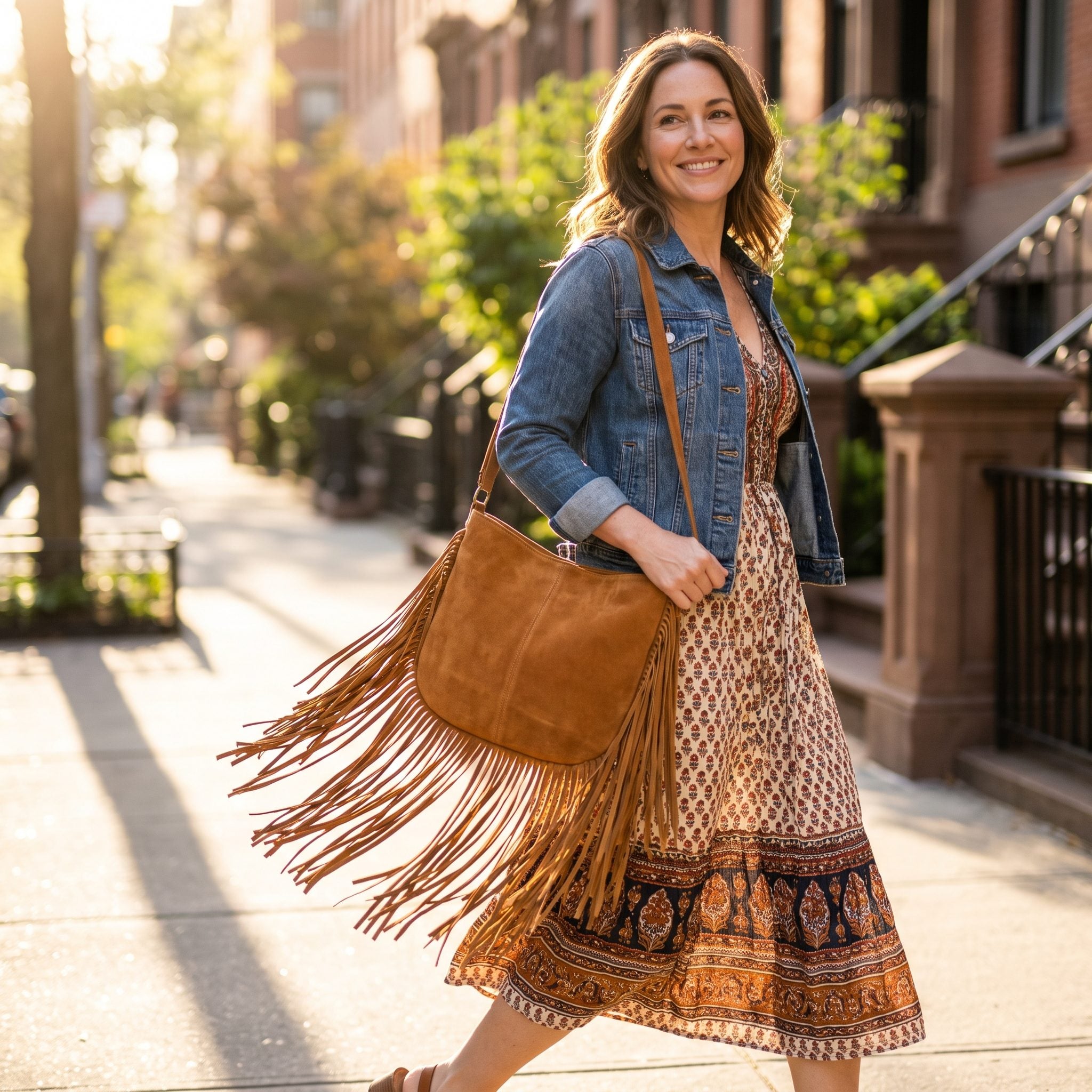 1970s caramel suede fringe shoulder bag