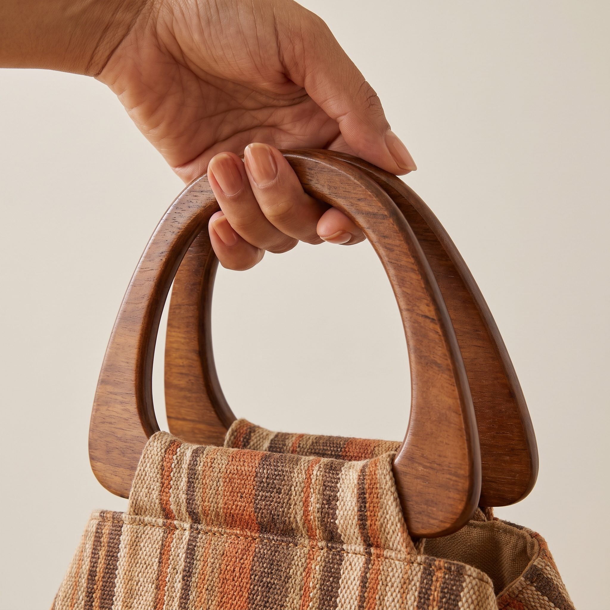 1970s geometric-print fabric handbag with curved wooden handles