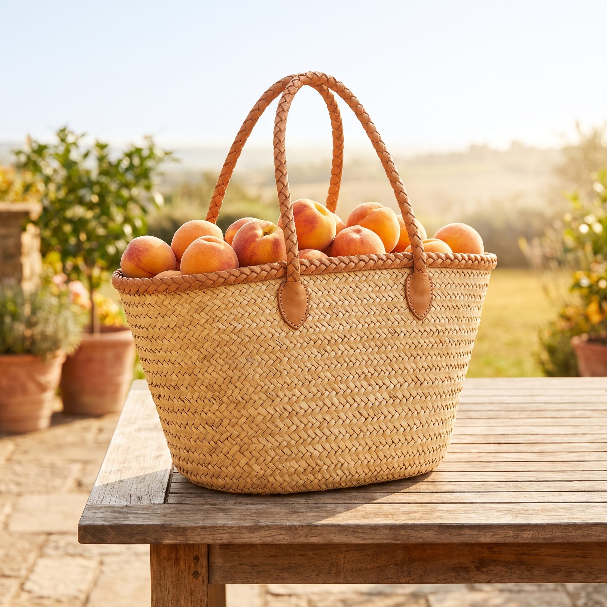 1970s woven straw market handbag with tan leather handles