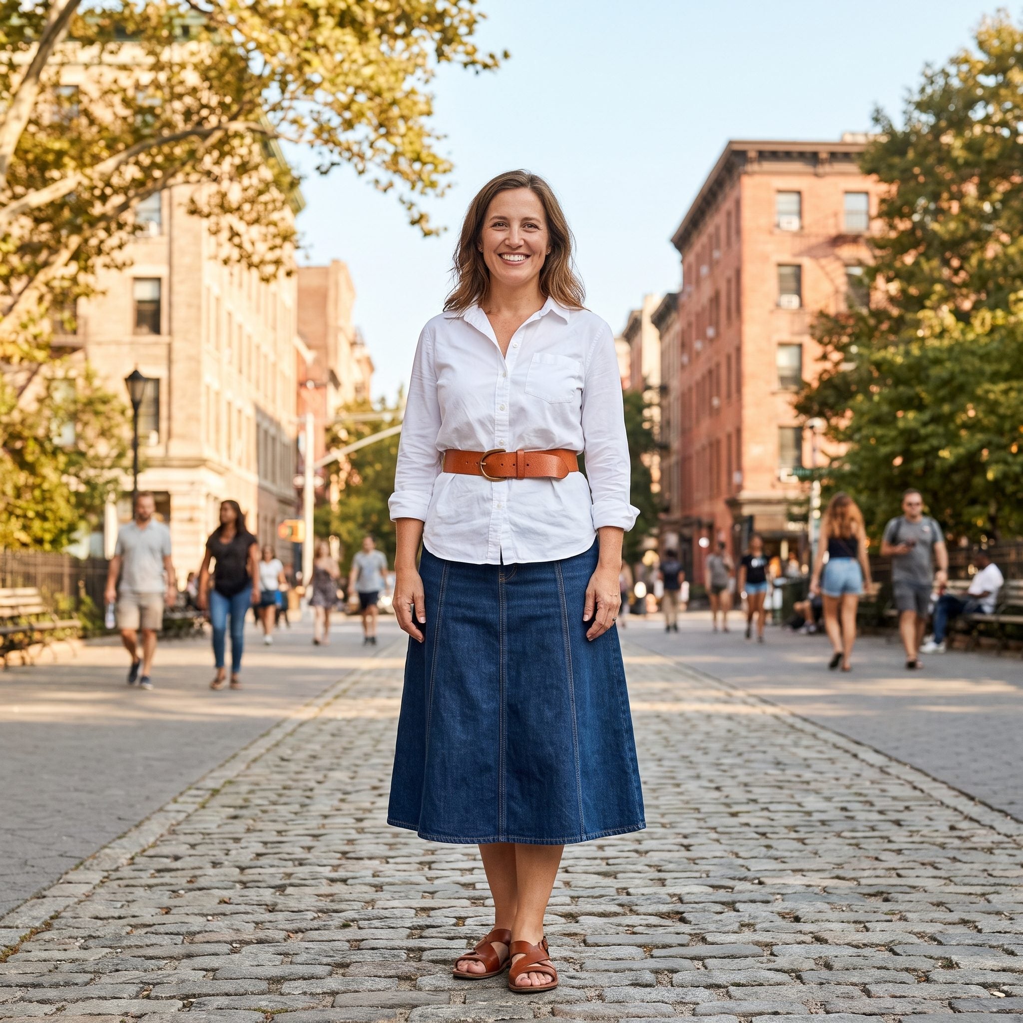 1975 white shirt with a long denim skirt