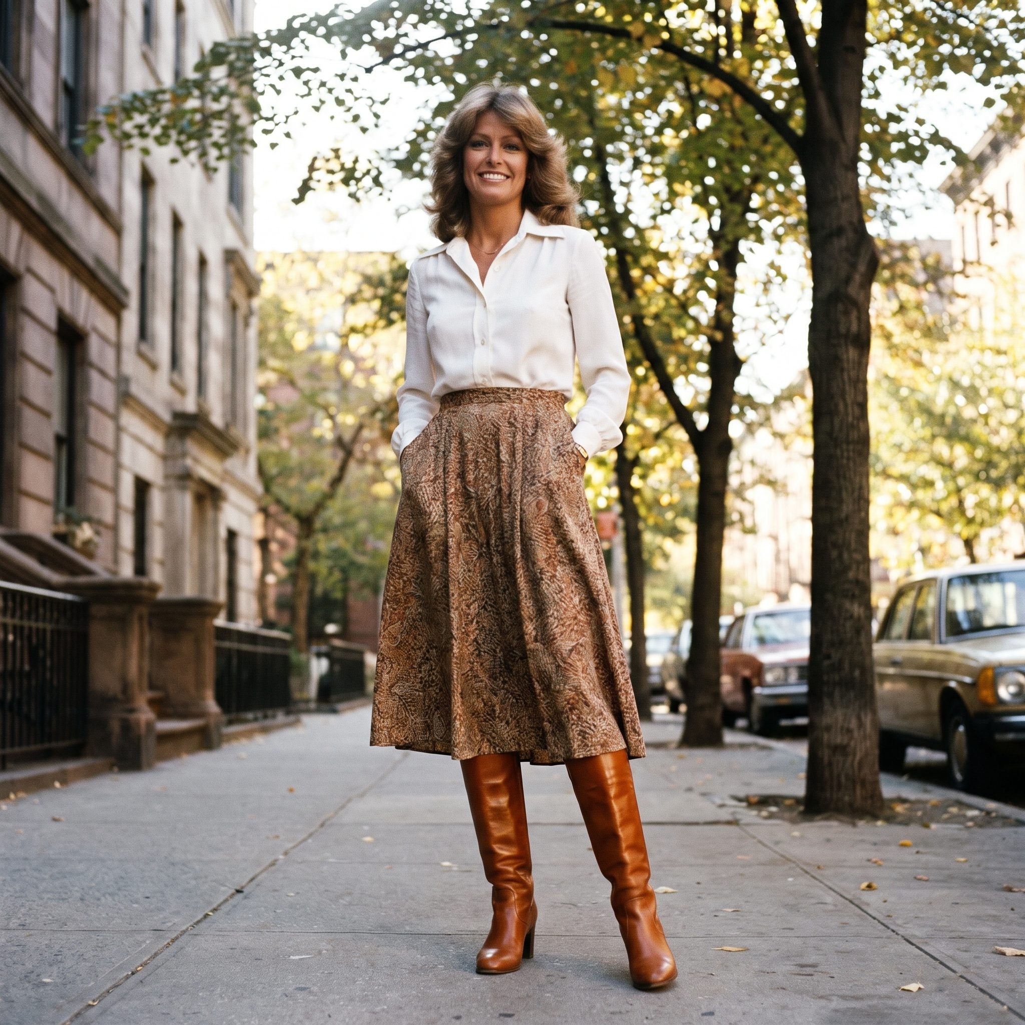 1975 white shirt with a midi skirt and tall leather boots