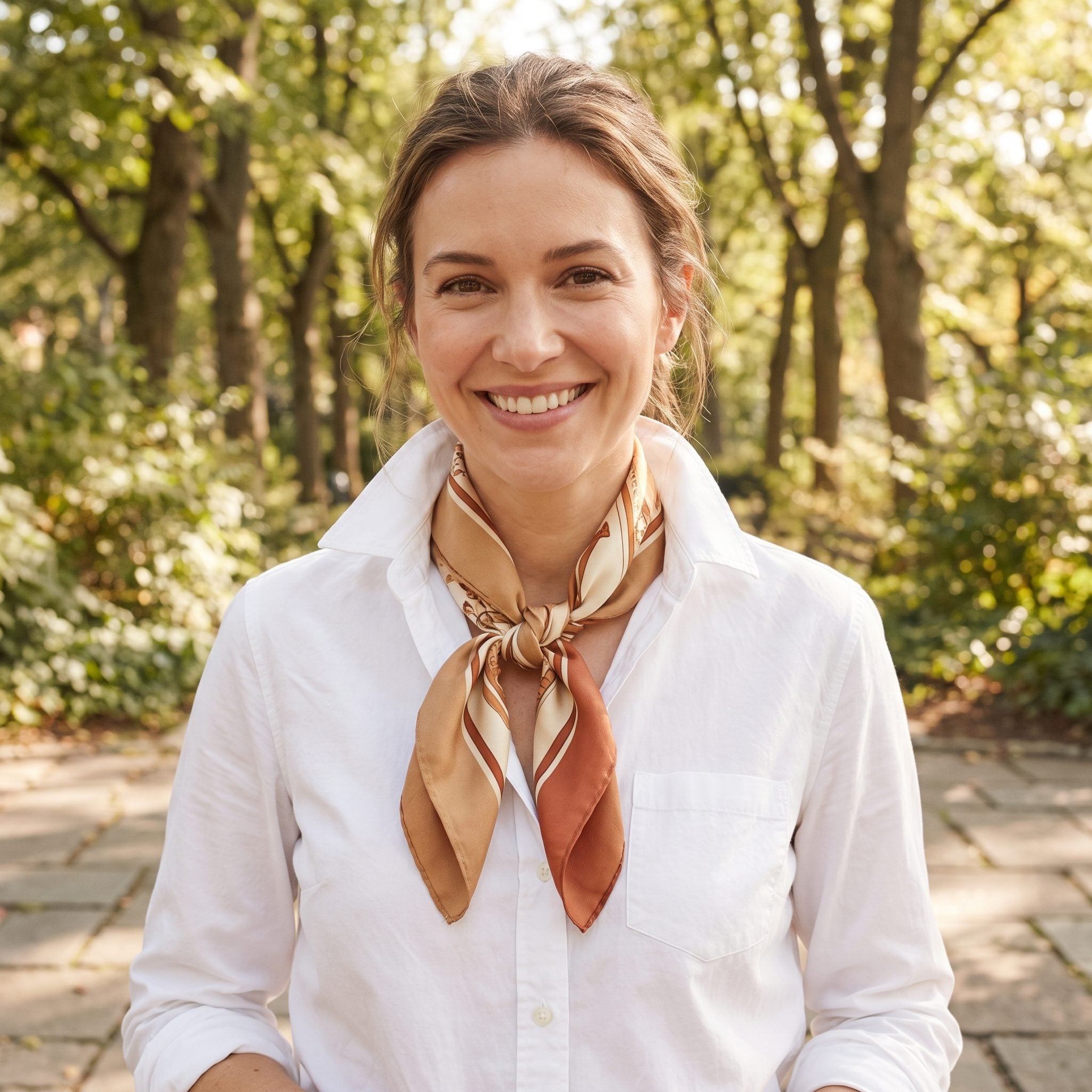 1975 white shirt with a printed neck scarf