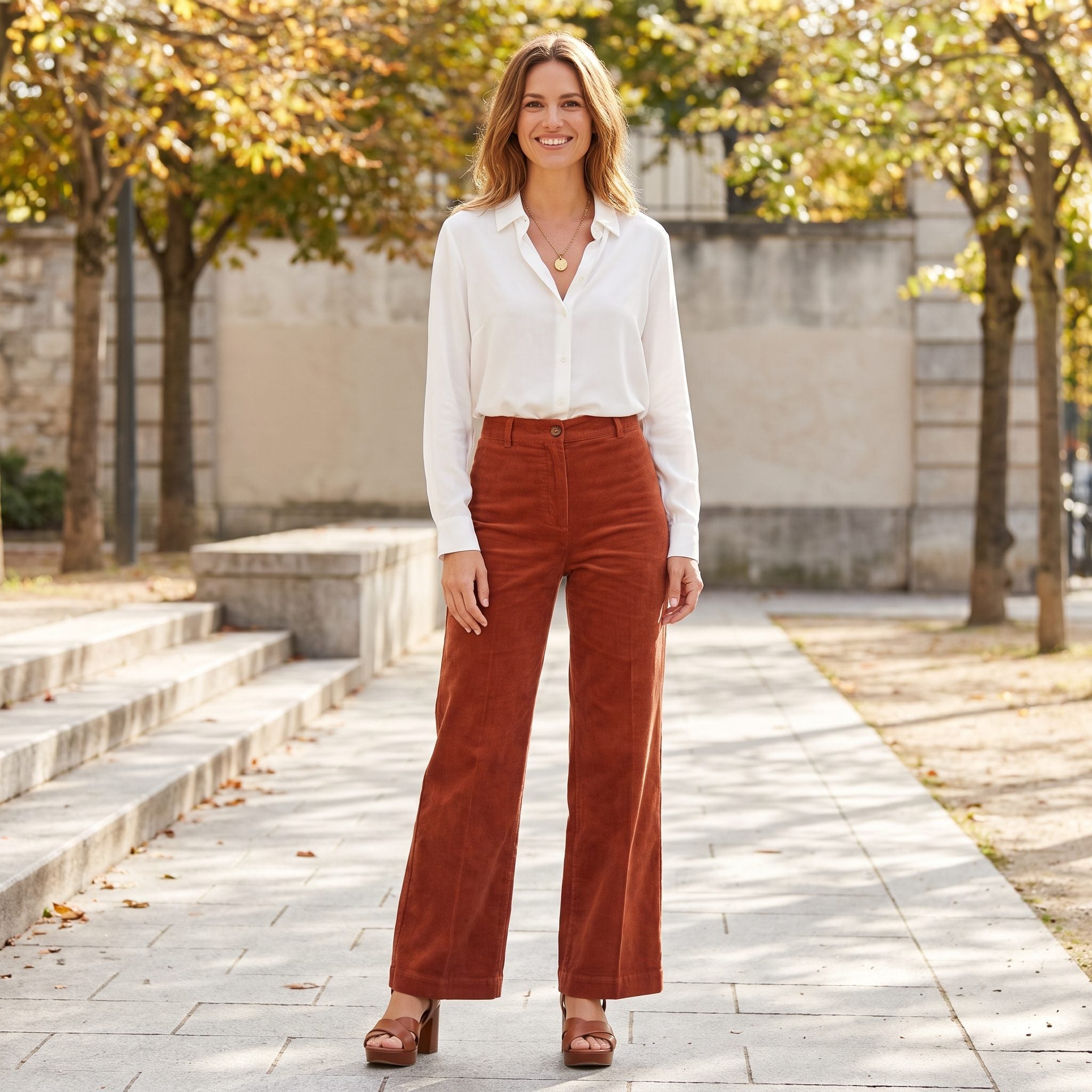 1975 white shirt with rust wide-leg trousers