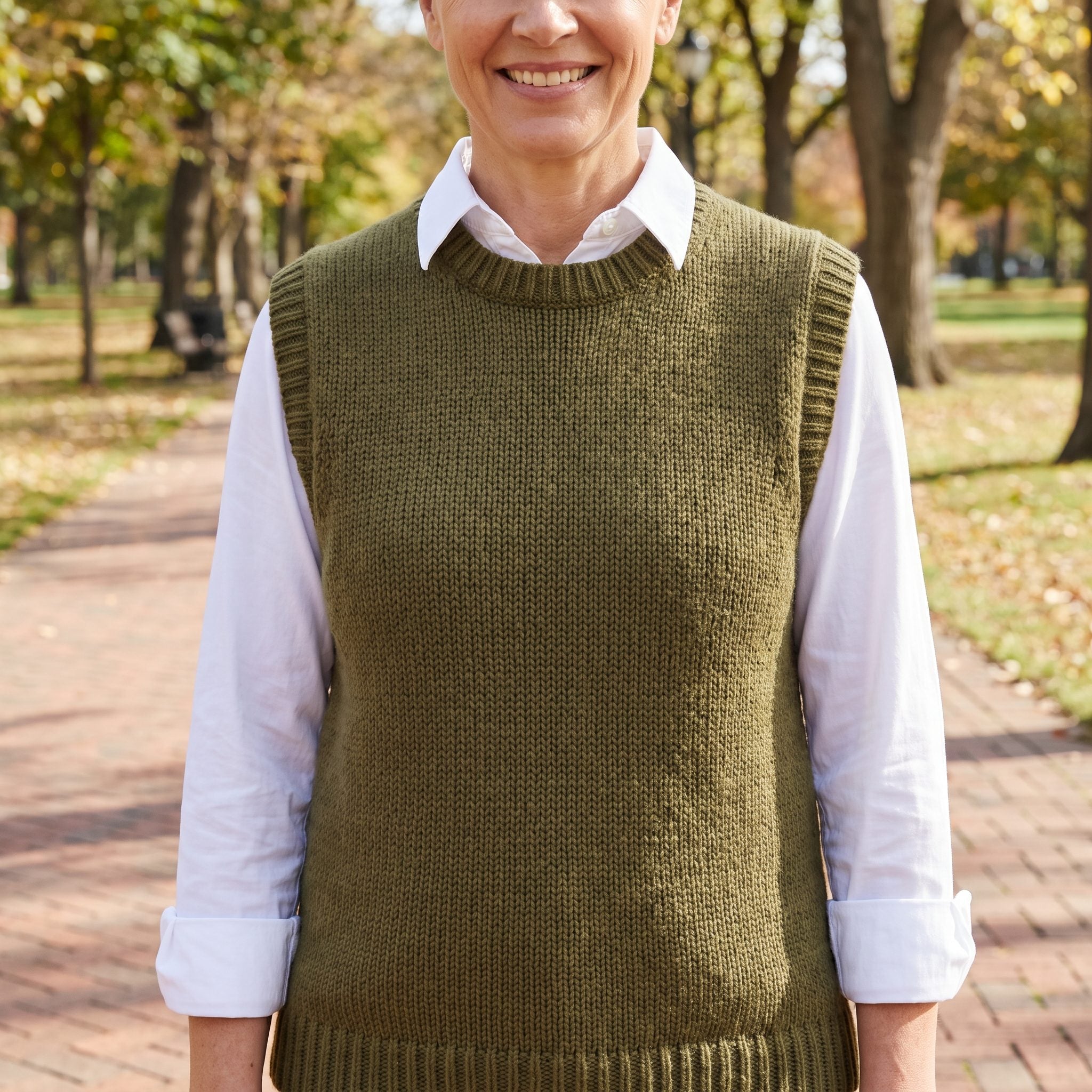 1975 white shirt under an olive sweater vest