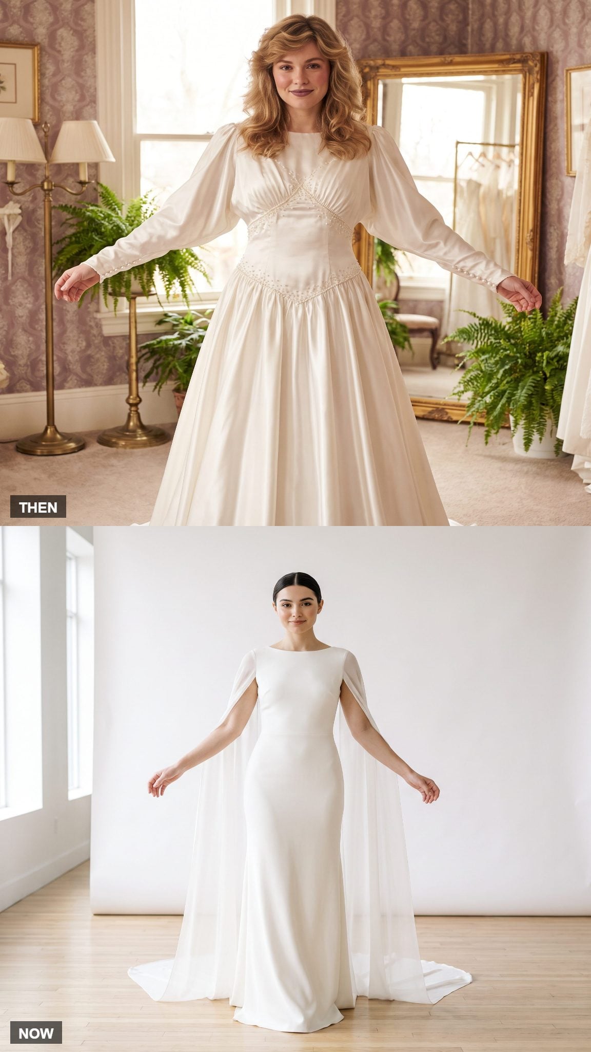 1980s Batwing-Sleeve Bridal Gown → Modern Cape-Sleeve Sheath