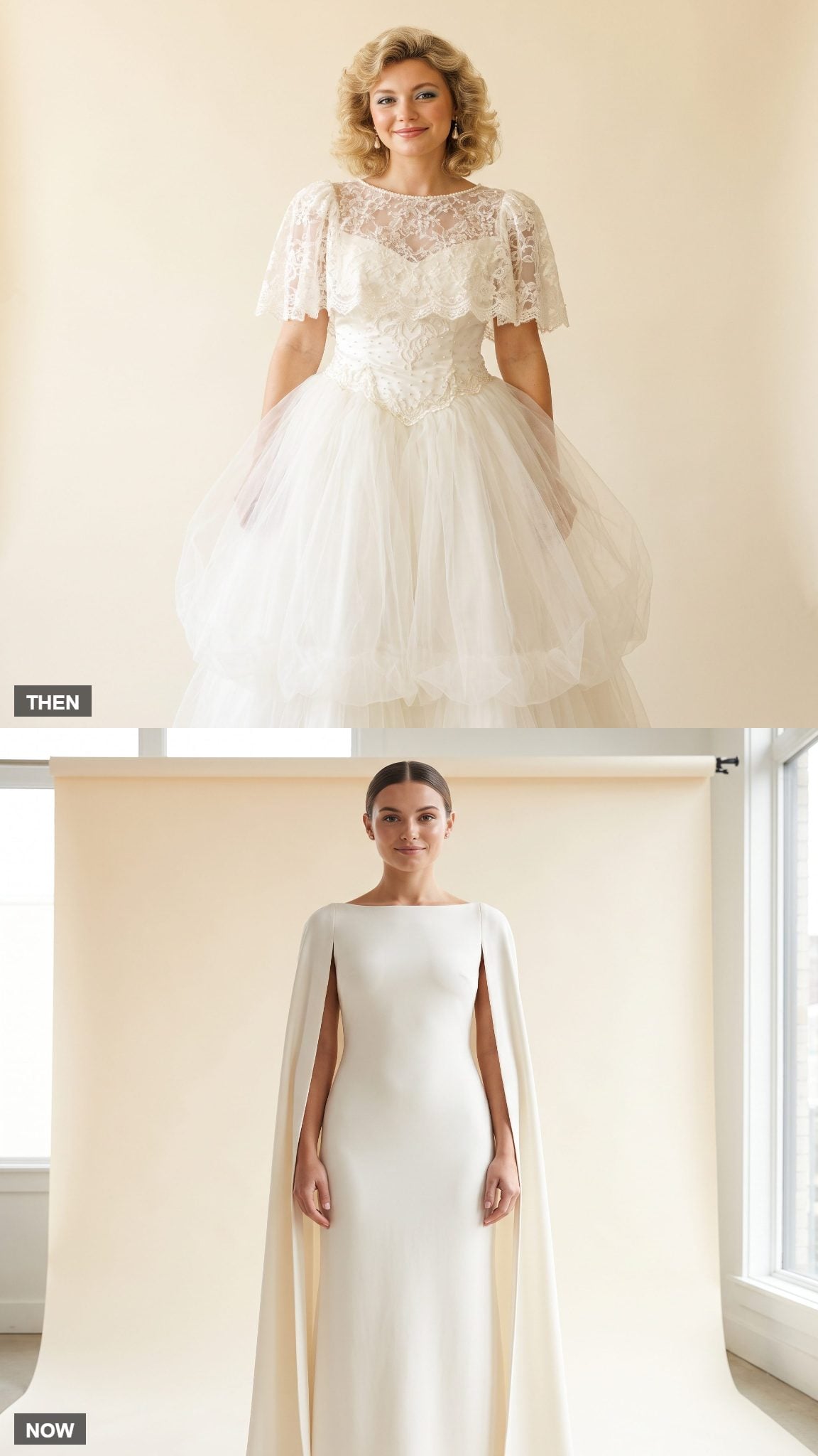 1980s Bridal Capelet Gown → Modern Clean Cape Gown