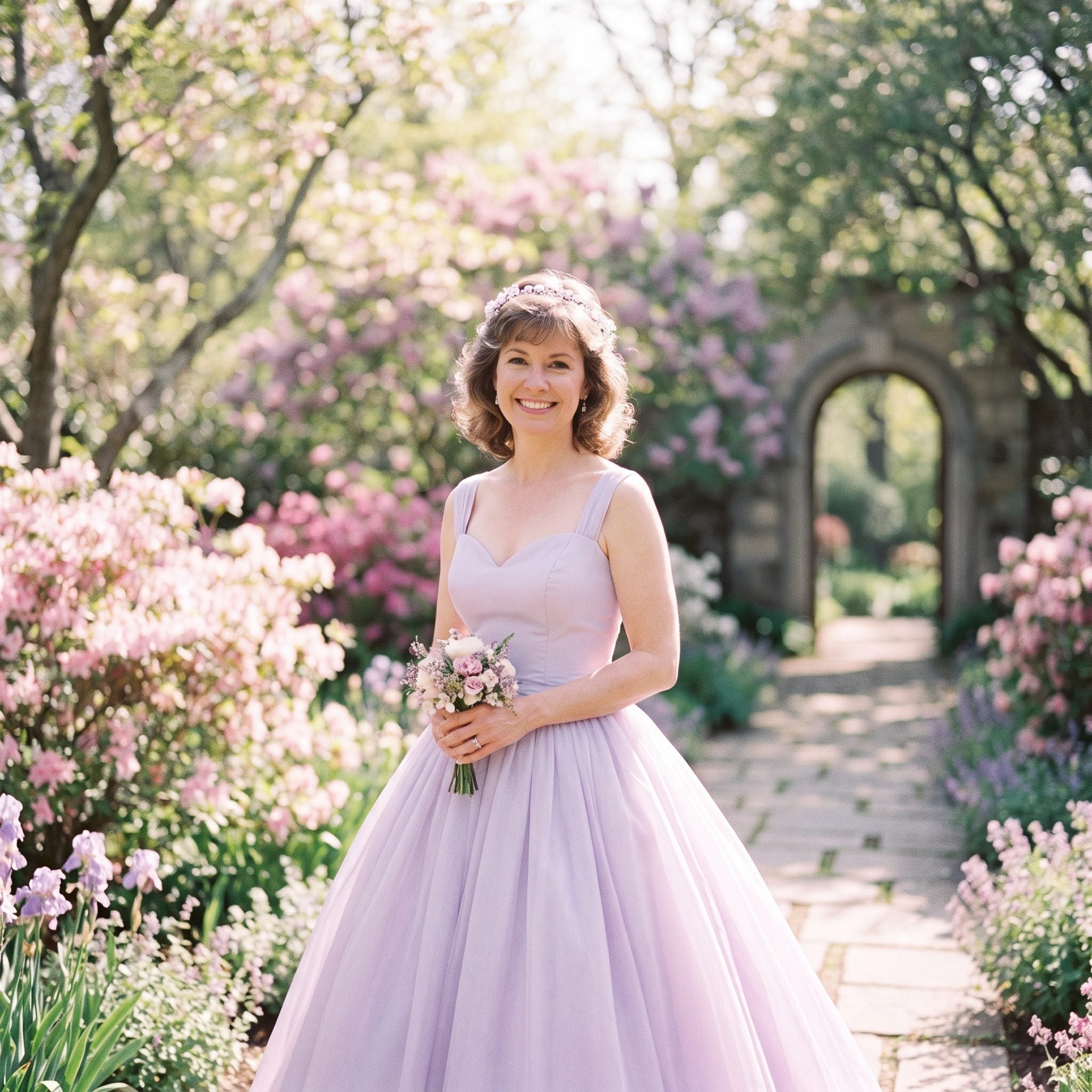 1980s lavender princess gown with sweetheart neckline and puff sleeves