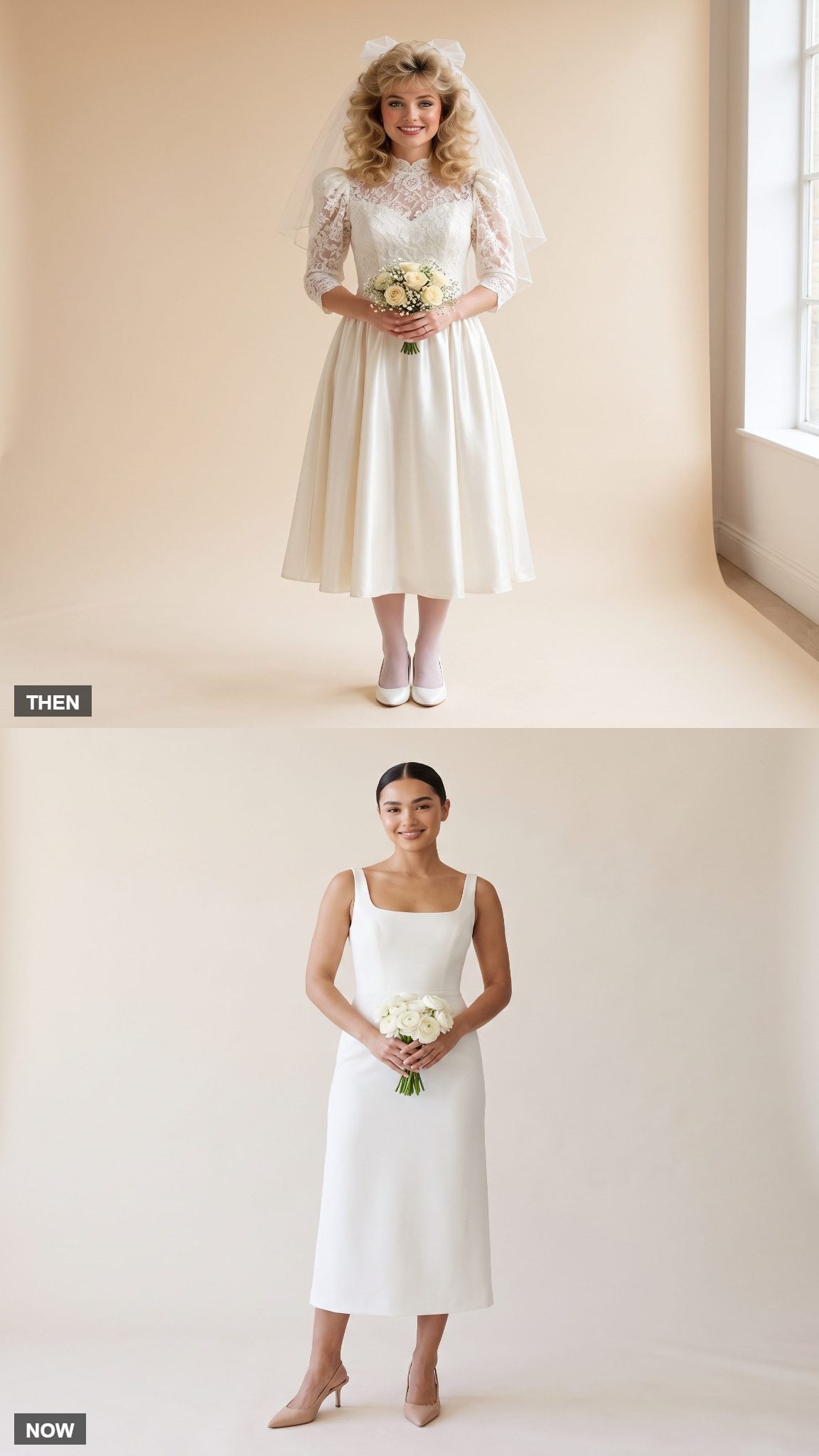 1980s Tea-Length Bridal Gown → Modern Minimal Midi Bridal Dress