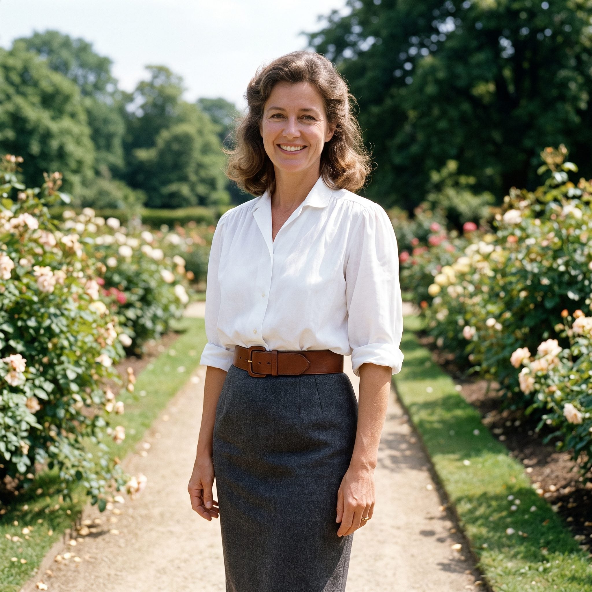 1985 white shirt with a charcoal pencil skirt