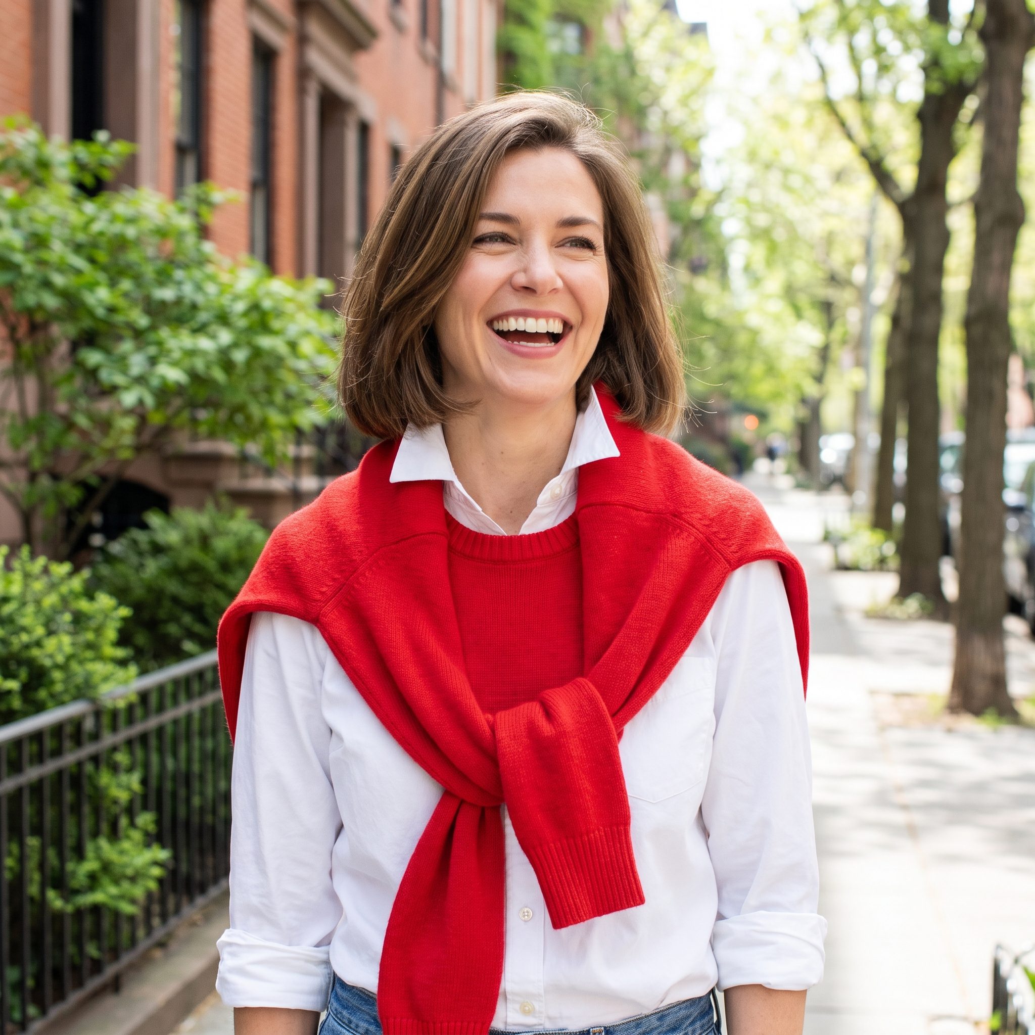 1985 white shirt with a red sweater knotted over the shoulders