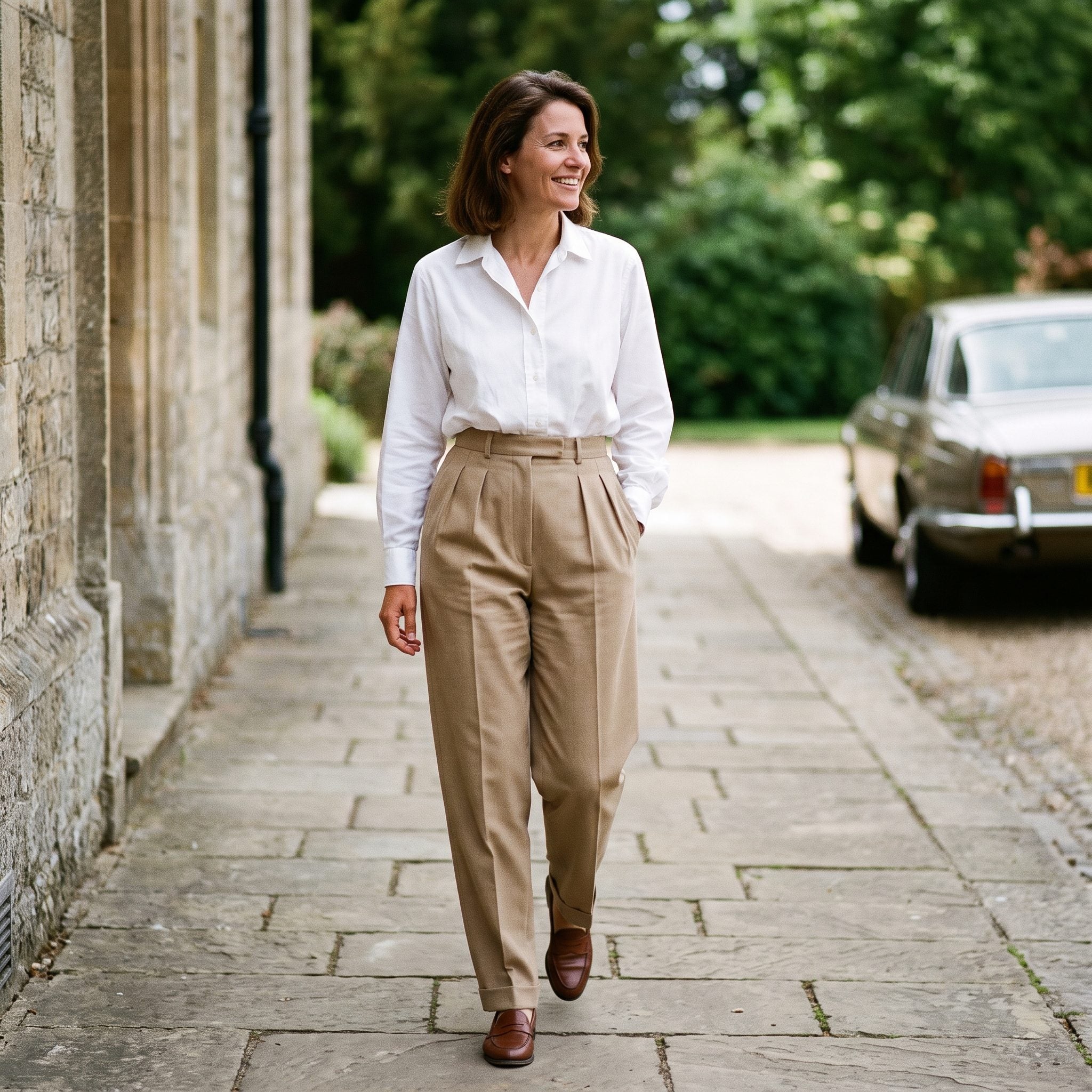 1985 white shirt tucked into deep-pleated trousers