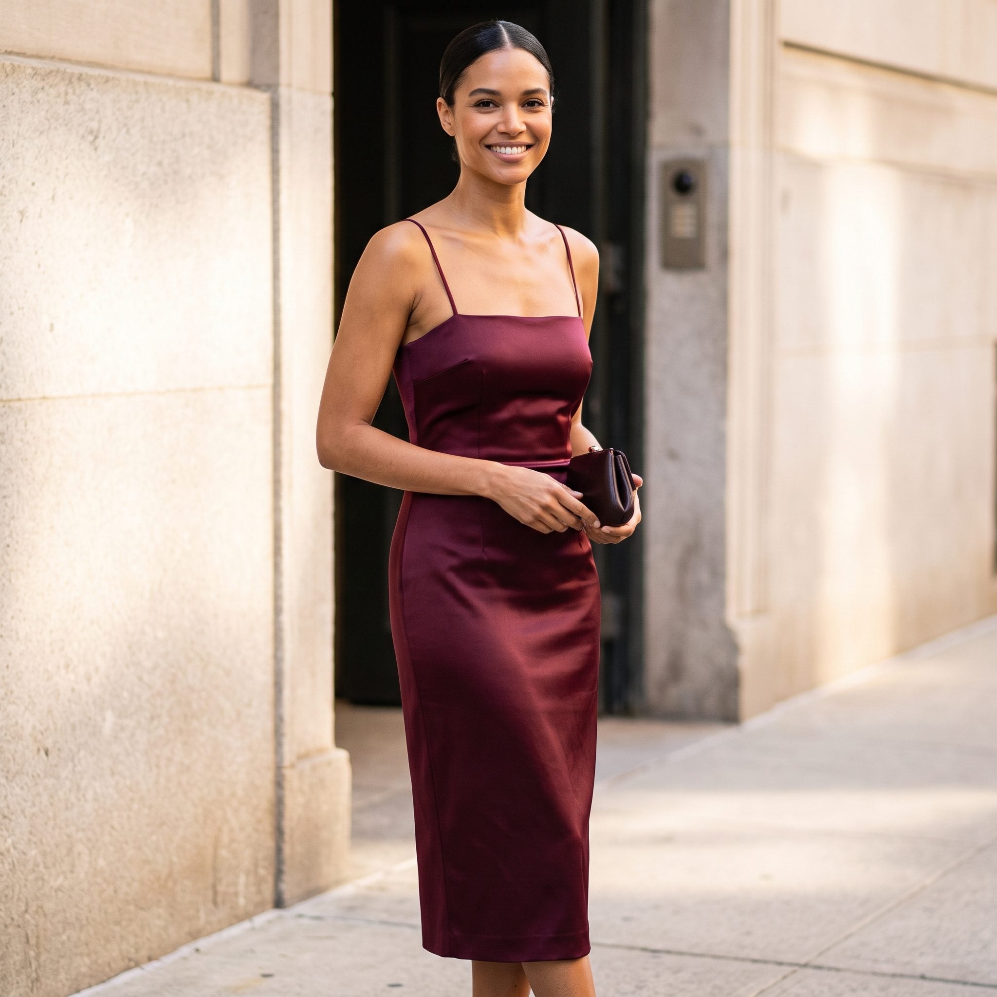 1990s burgundy satin spaghetti-strap sheath gown
