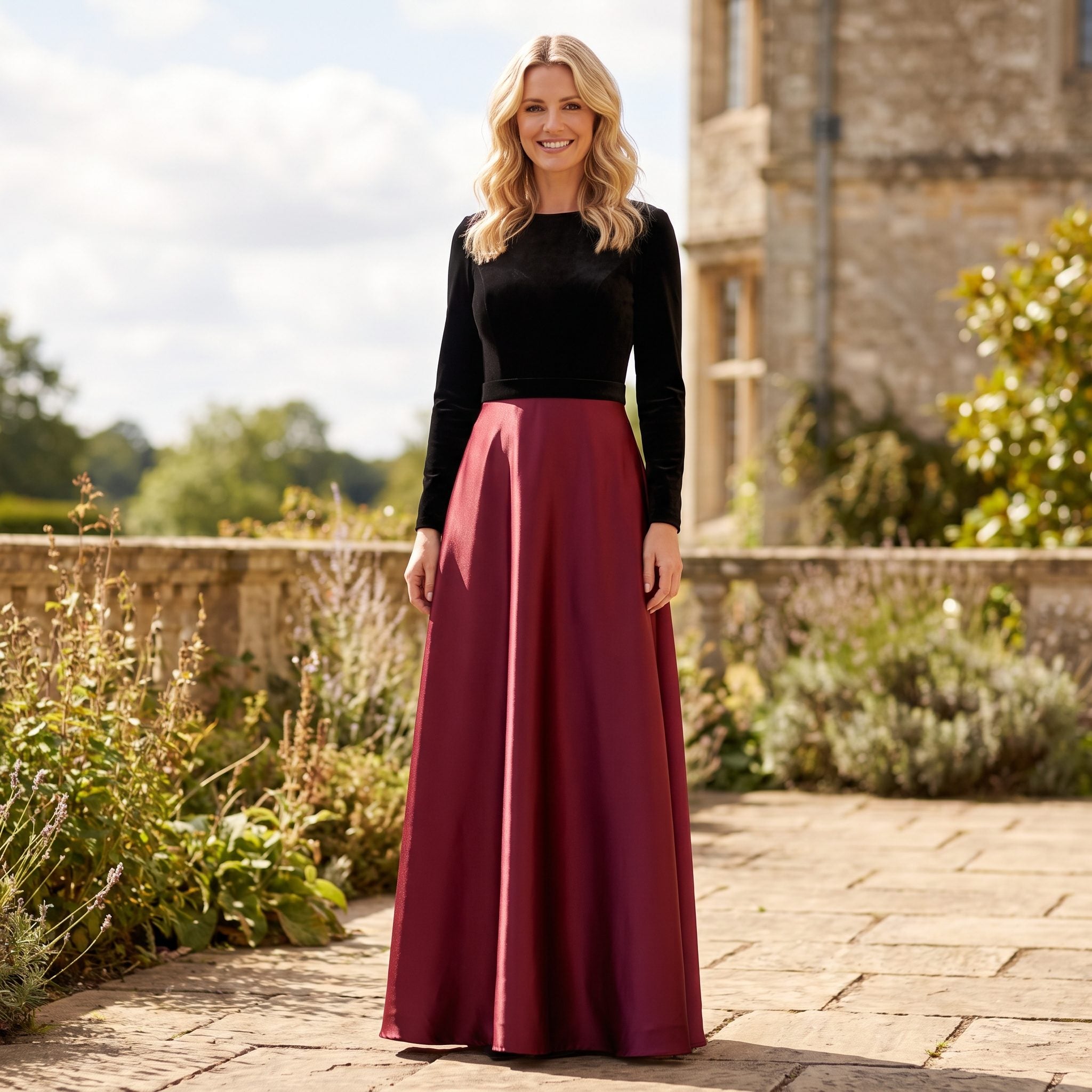 1990s gown with black velvet bodice and wine-red satin skirt