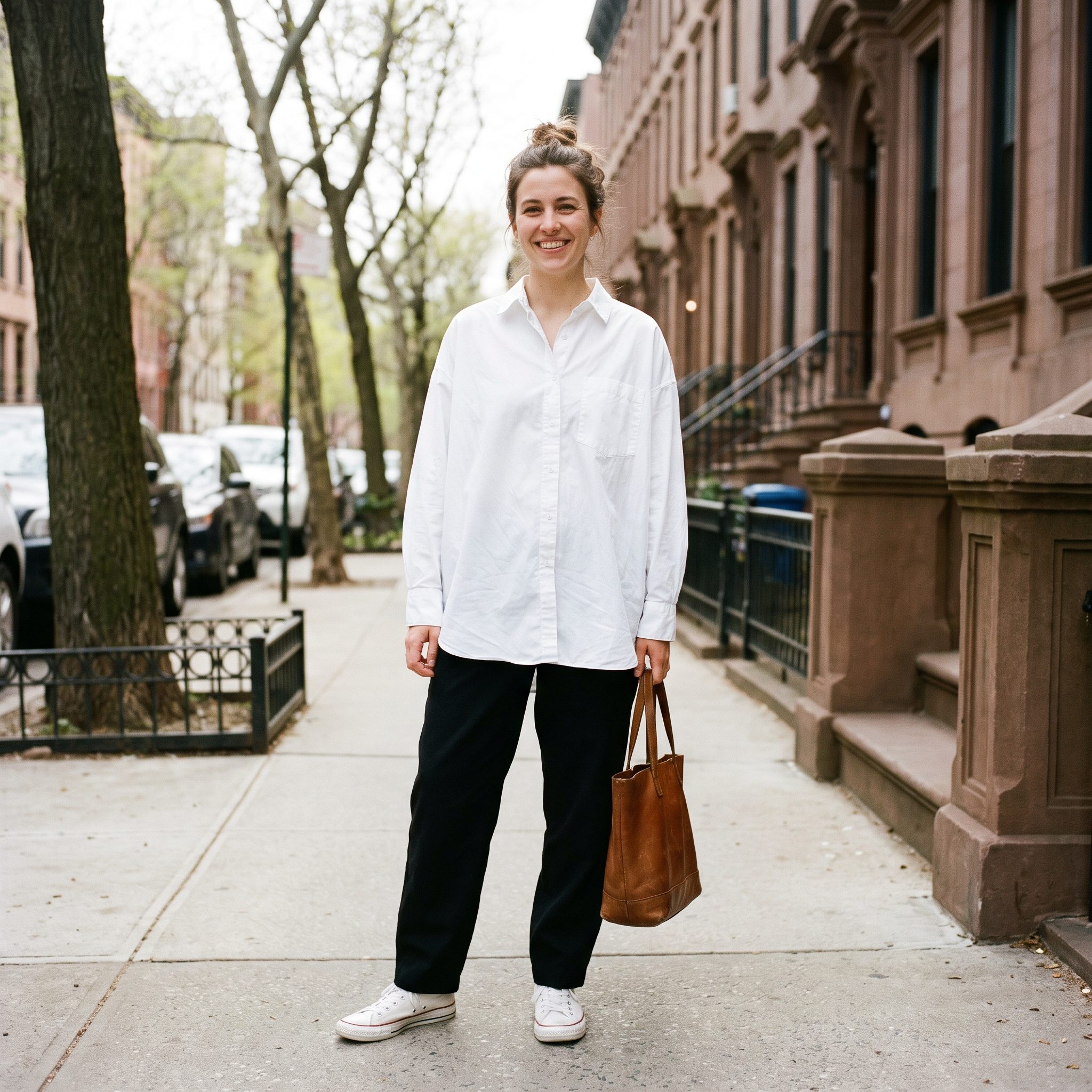 1995 oversized white shirt with black trousers
