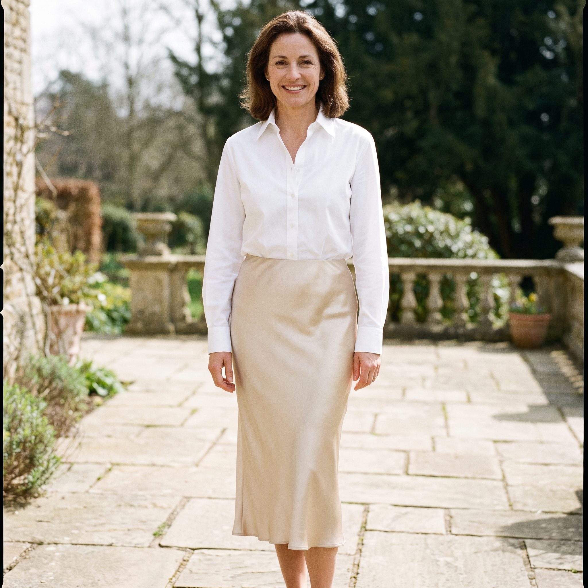1995 white shirt with a champagne bias-cut midi skirt