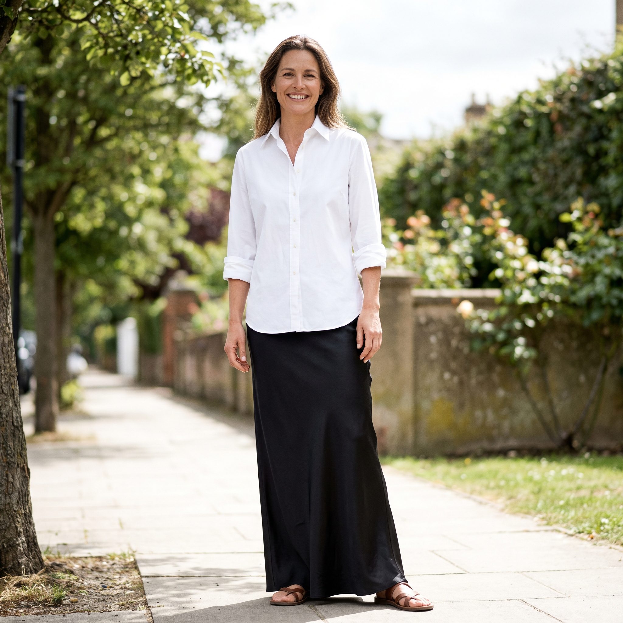 1995 white shirt with a black satin slip skirt
