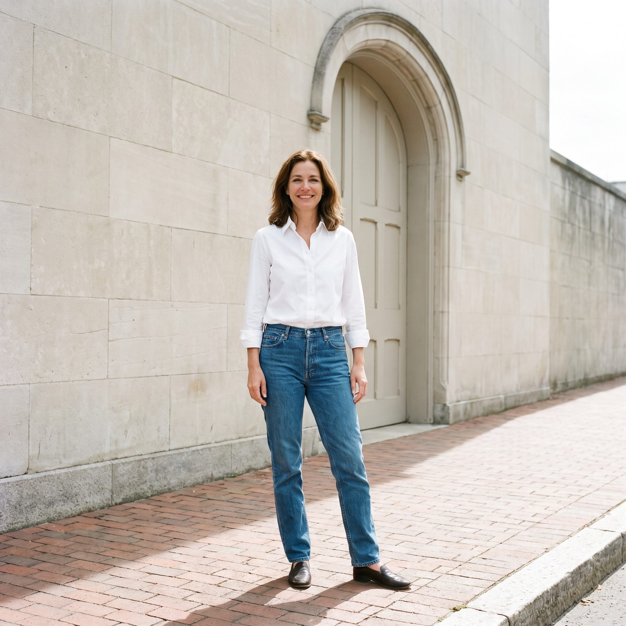 1995 white shirt with straight-leg blue jeans