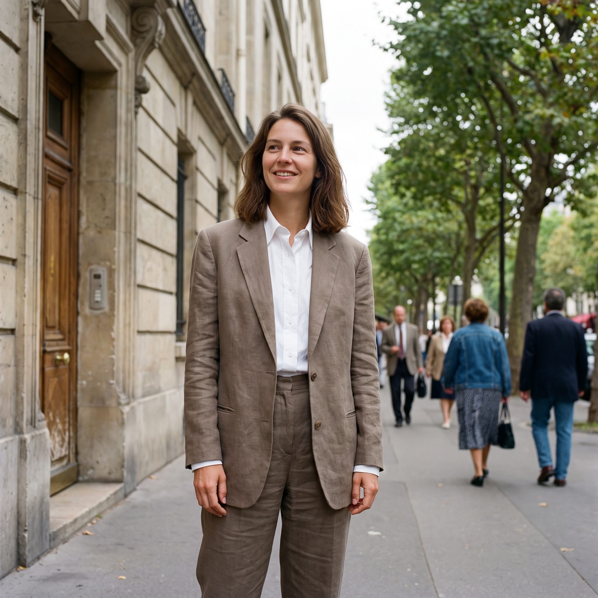 1995 white shirt under a minimalist taupe suit