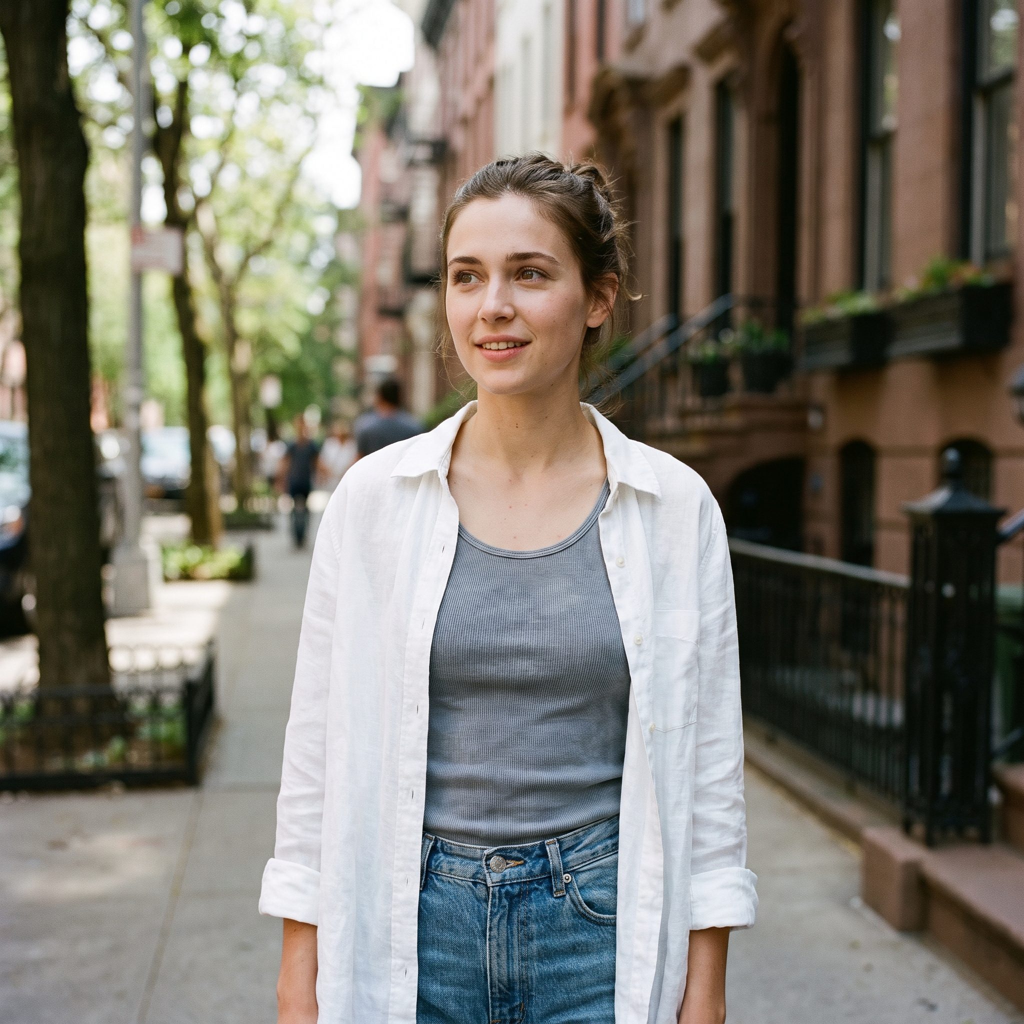 1995 white shirt worn open over a black ribbed tank