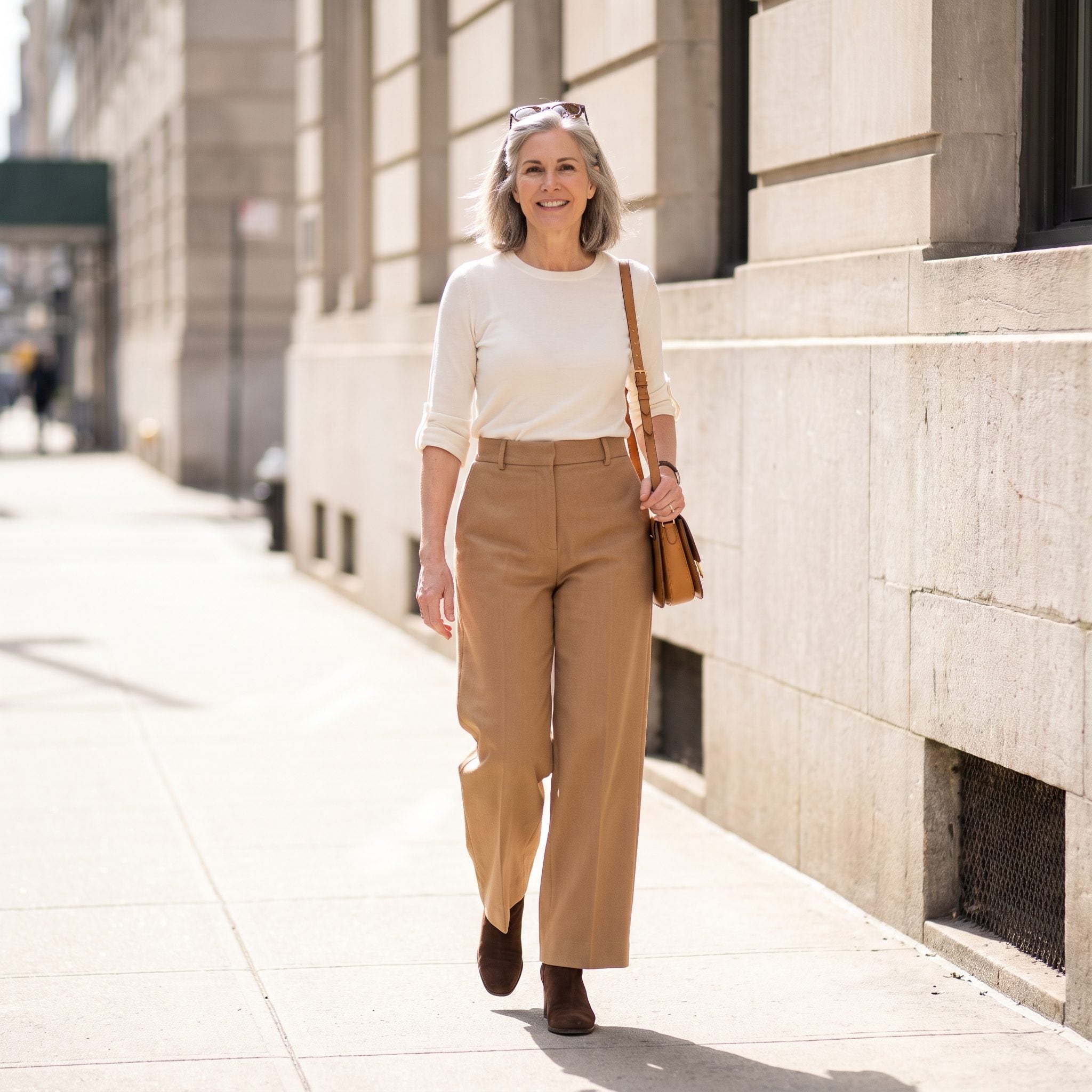 Camel wide-leg trousers with chocolate suede block-heel ankle boots