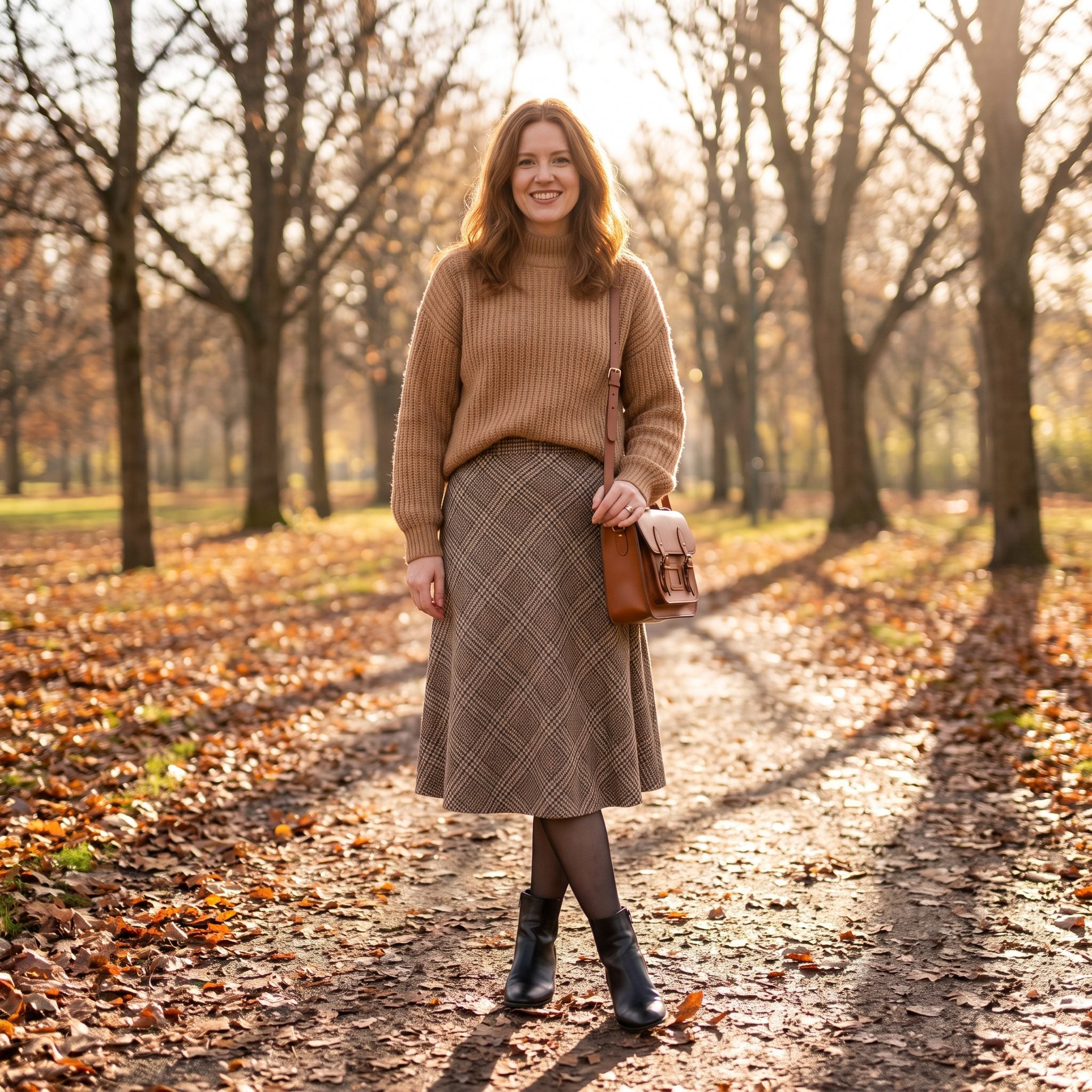 Camel chunky sweater with plaid midi skirt and black ankle boots