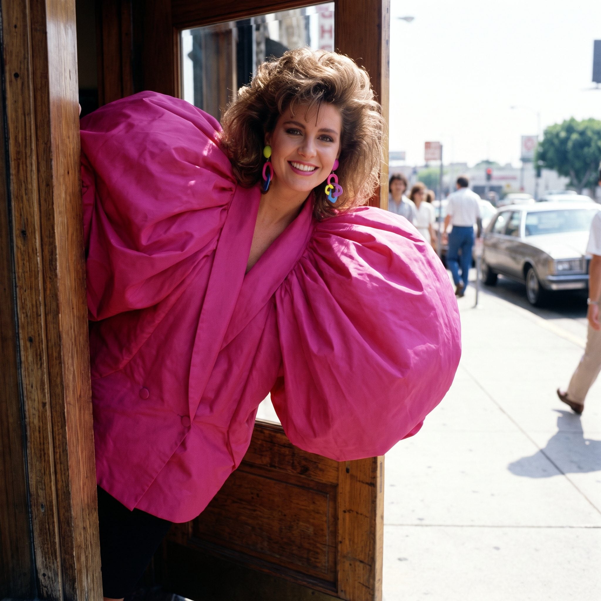 1980s fuchsia taffeta gown with giant puff sleeves and a full skirt