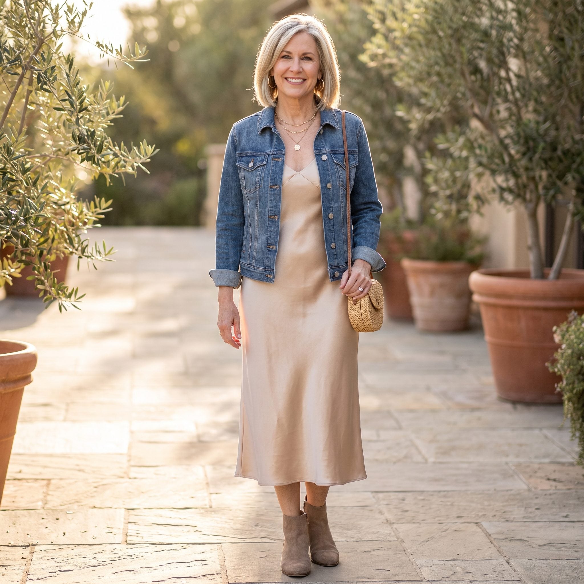 Champagne satin slip dress with denim jacket and taupe suede ankle boots