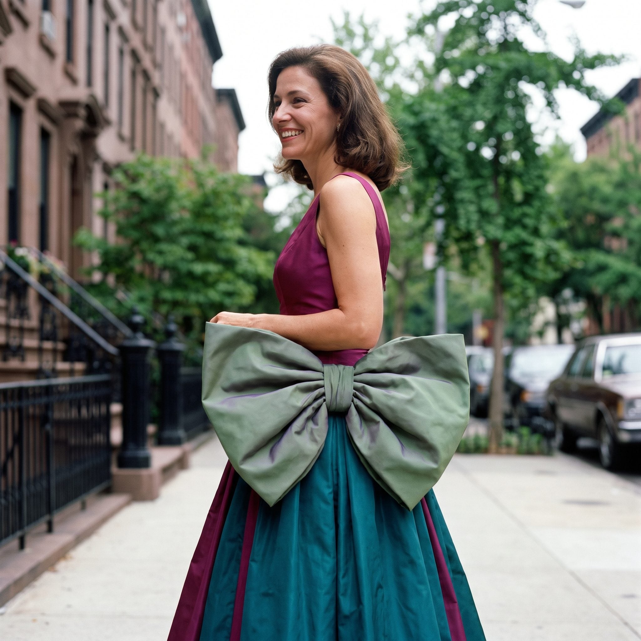 1980s turquoise taffeta prom gown with an oversized sculptural hip bow