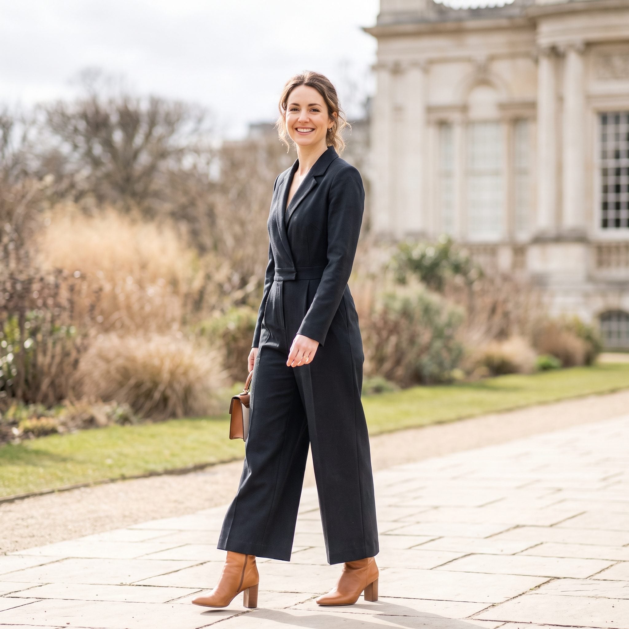 Slate-blue tailored jumpsuit with tan heeled ankle boots