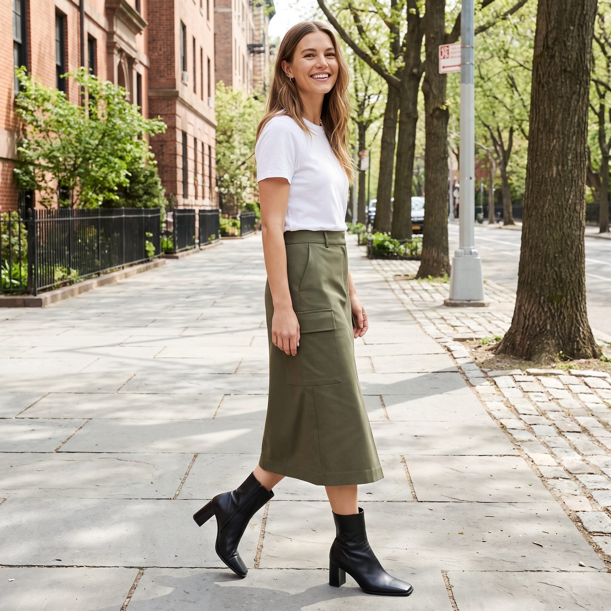 Tailored cargo midi skirt with minimalist black ankle boots