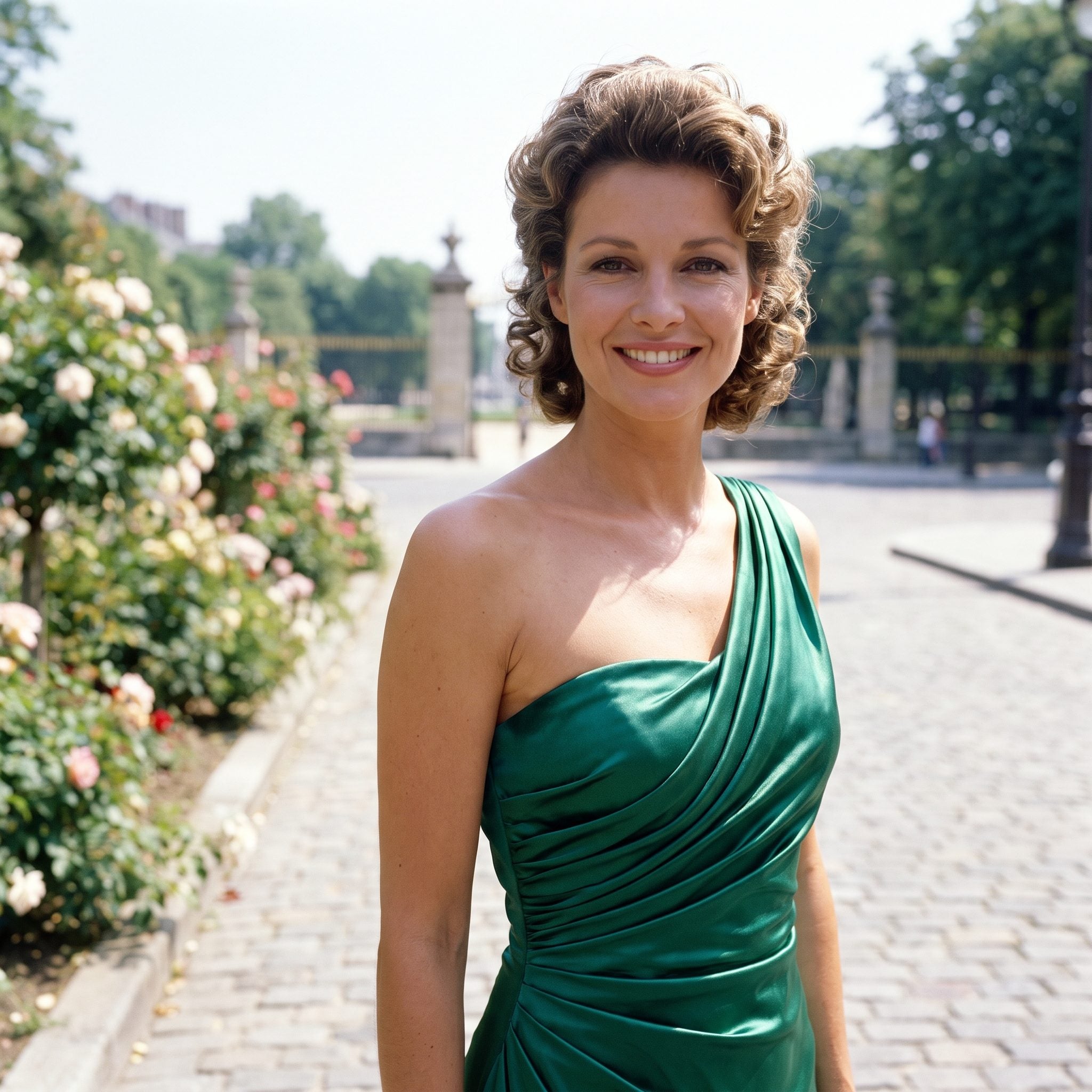 1980s emerald-green one-shoulder satin gown