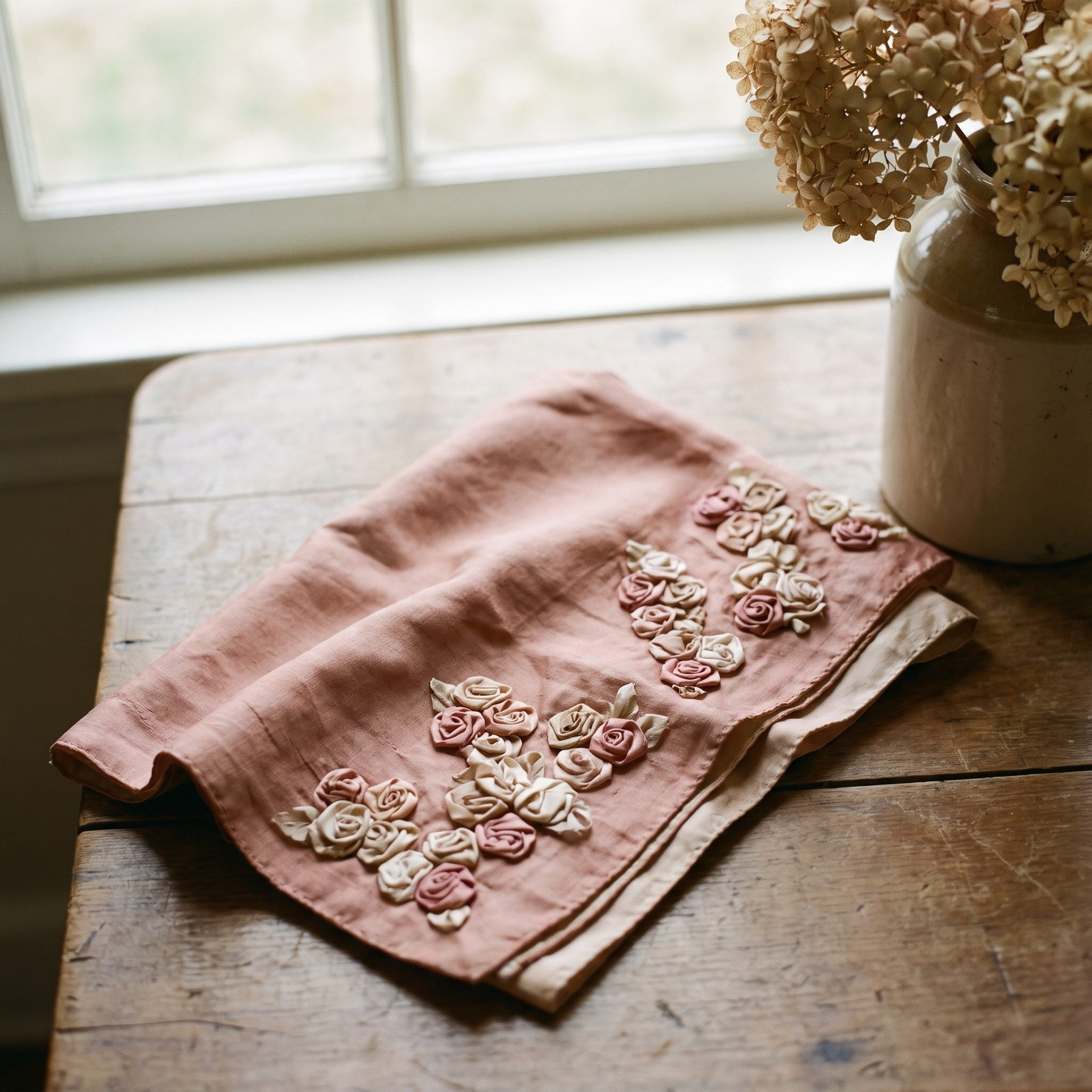 1990s dusty-rose satin gown with small fabric rosettes