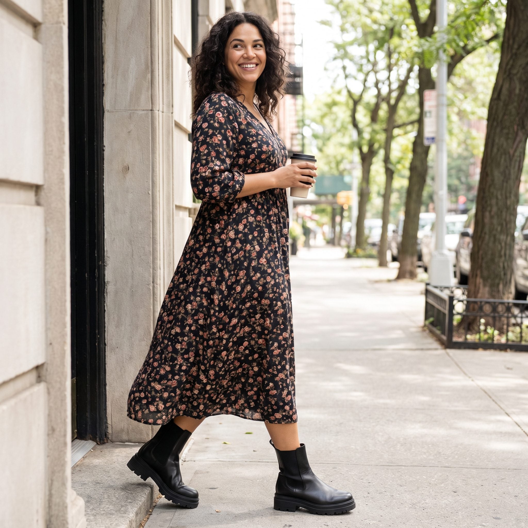 Dark floral midi dress paired with black lug-sole ankle boots