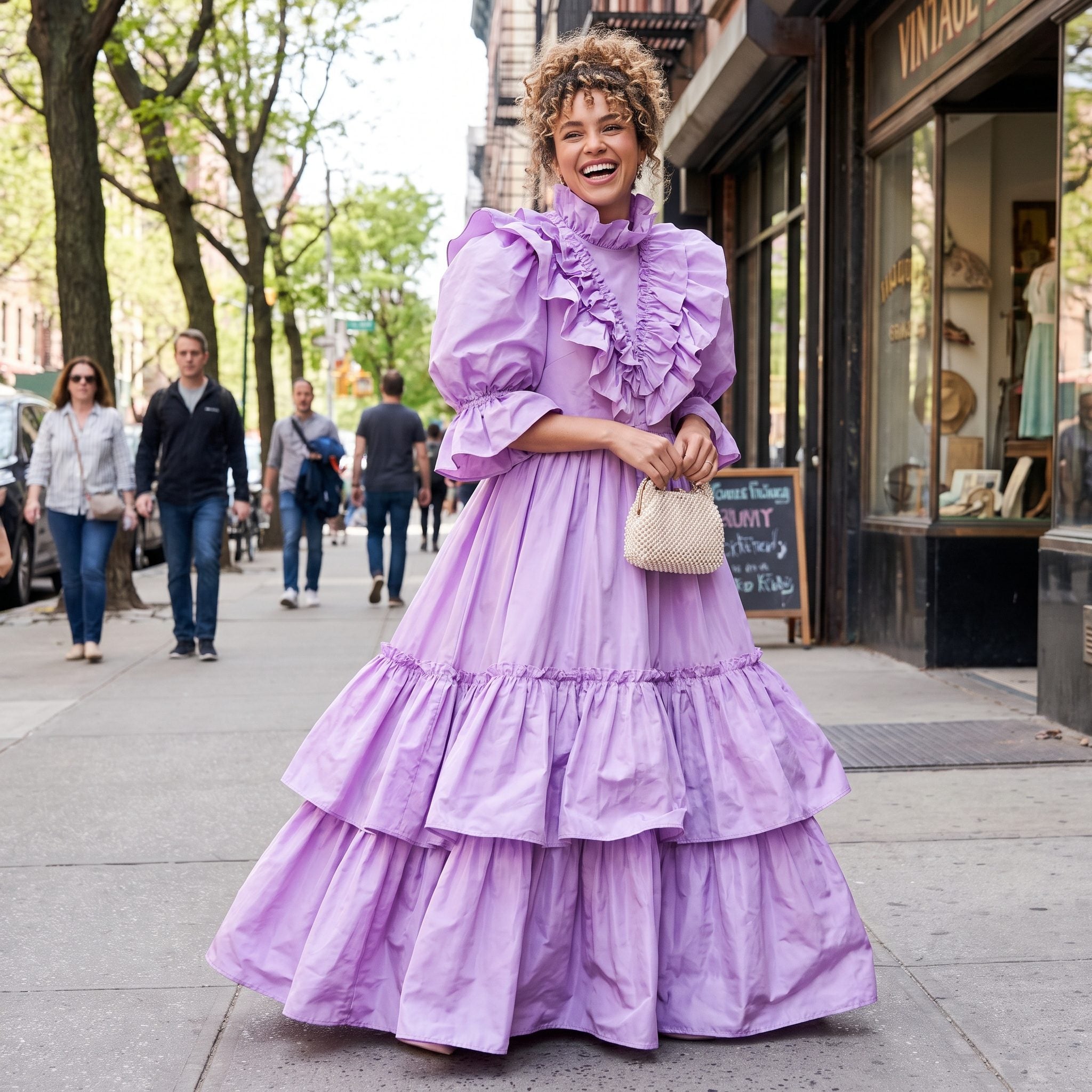 1980s lavender taffeta formal gown with layered ruffles