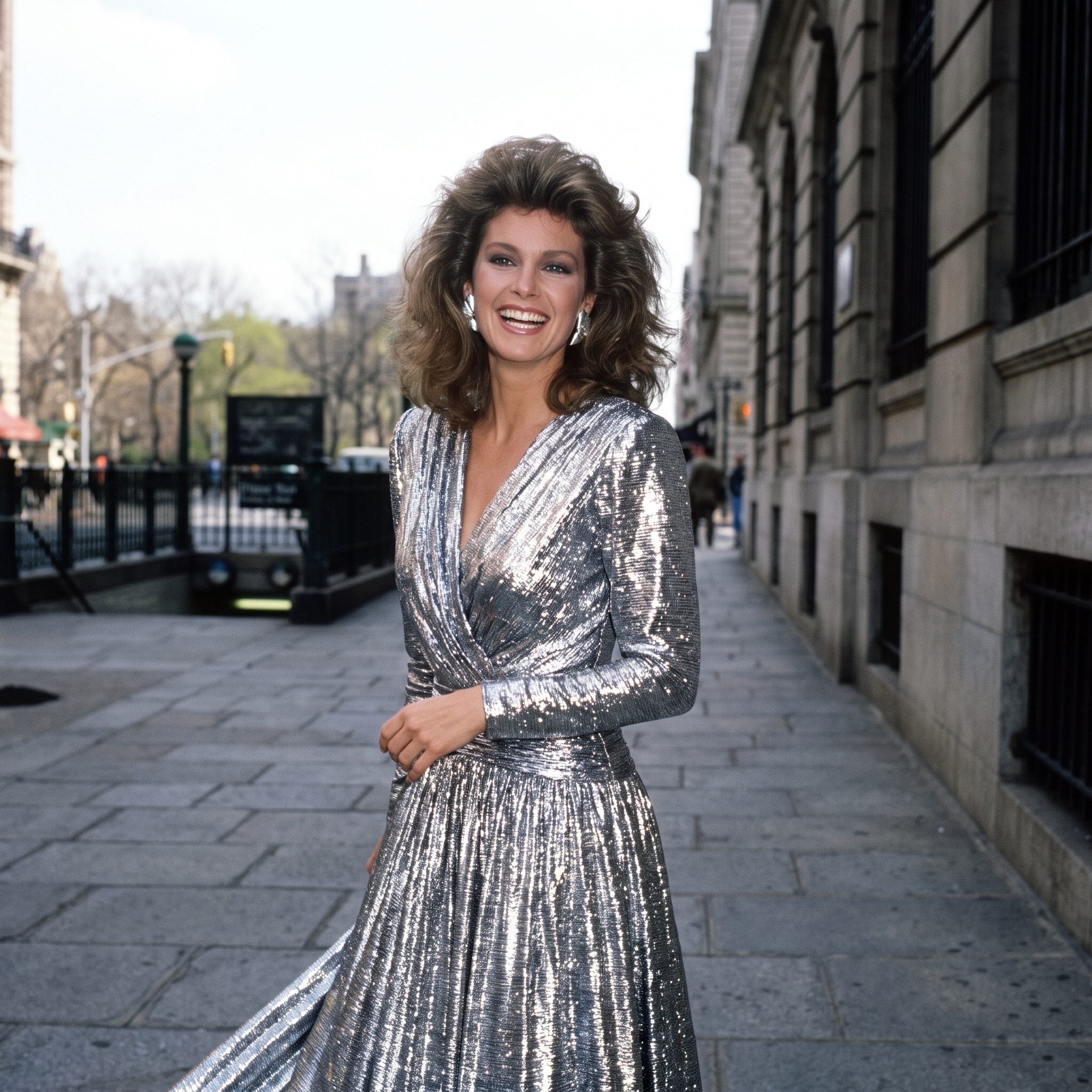 1980s metallic silver lamé prom dress with a ruched bodice