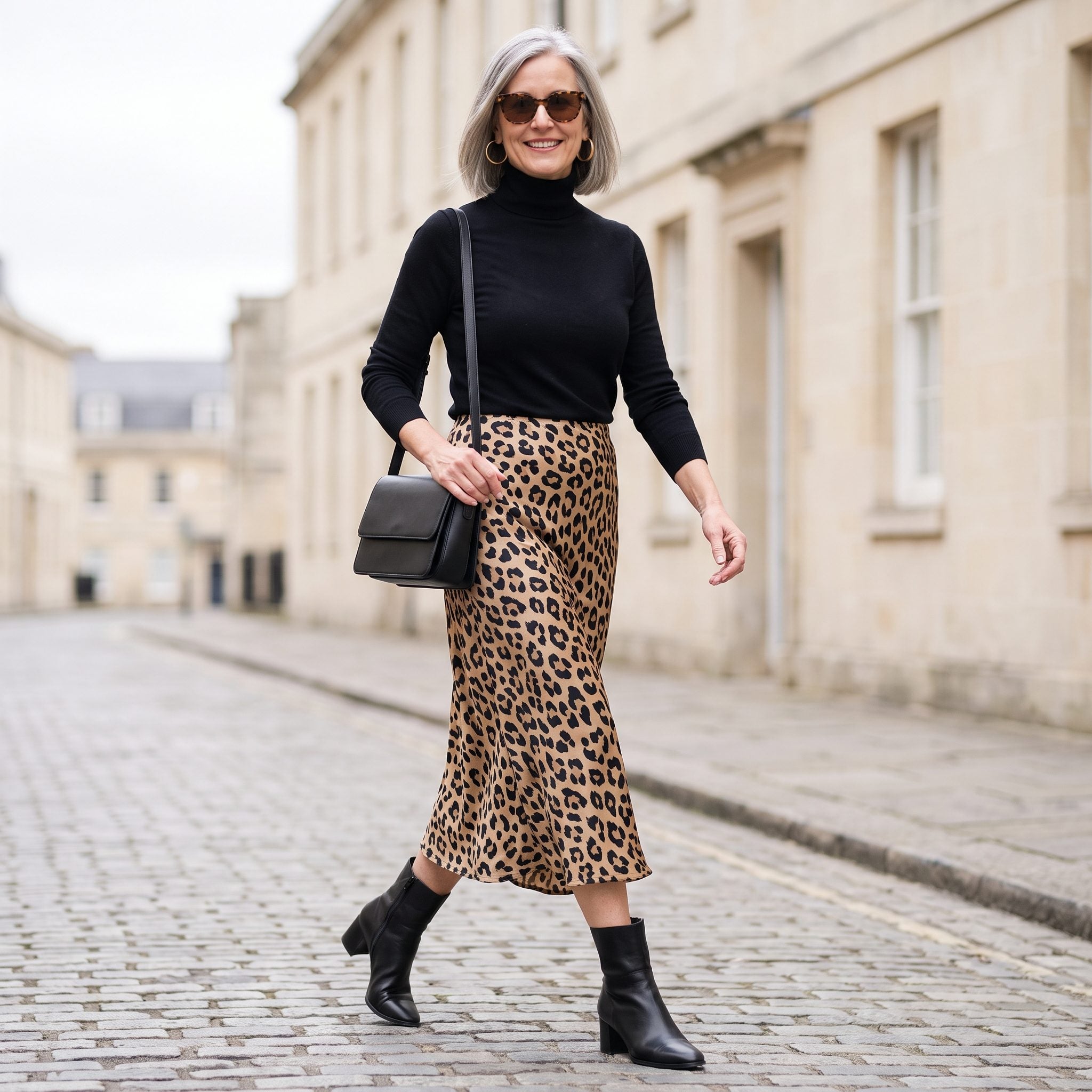 Leopard-print bias-cut midi skirt with black pointed ankle boots