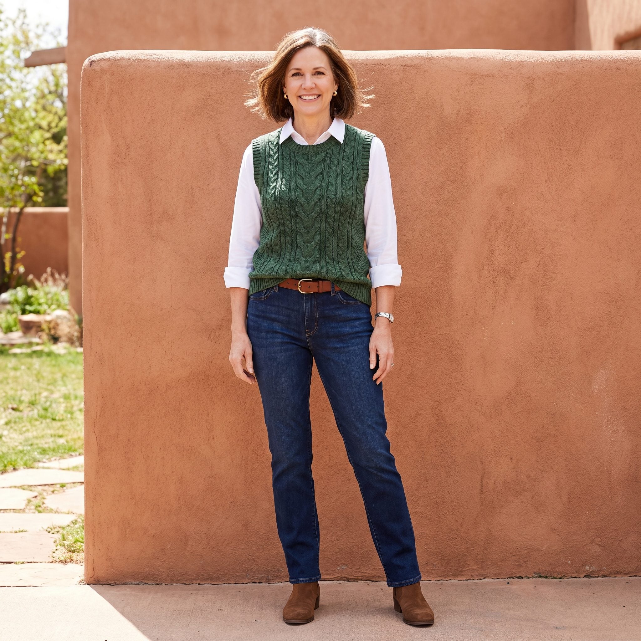 Forest-green knit vest over white shirt with straight jeans and brown suede ankle boots